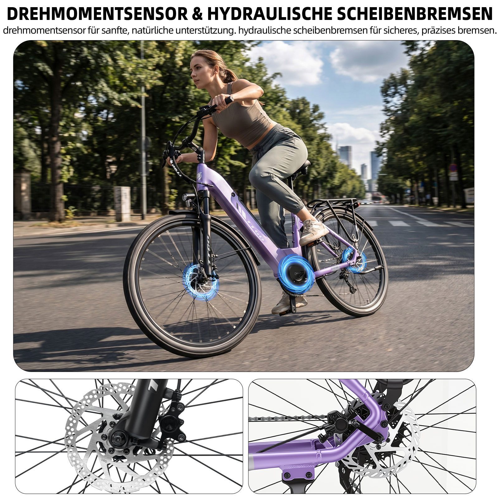 TTGO E-Bike Cityrad 28 Zoll, 75Nm Mittelmotor, 650Wh bis zu 140km, Lockout-Federgabel, 9 Gang Shimano, Kettenschaltung, Mittelmotor, 650 Wh, (Pedelec, Farb-LCD- – Bild 5 von 5