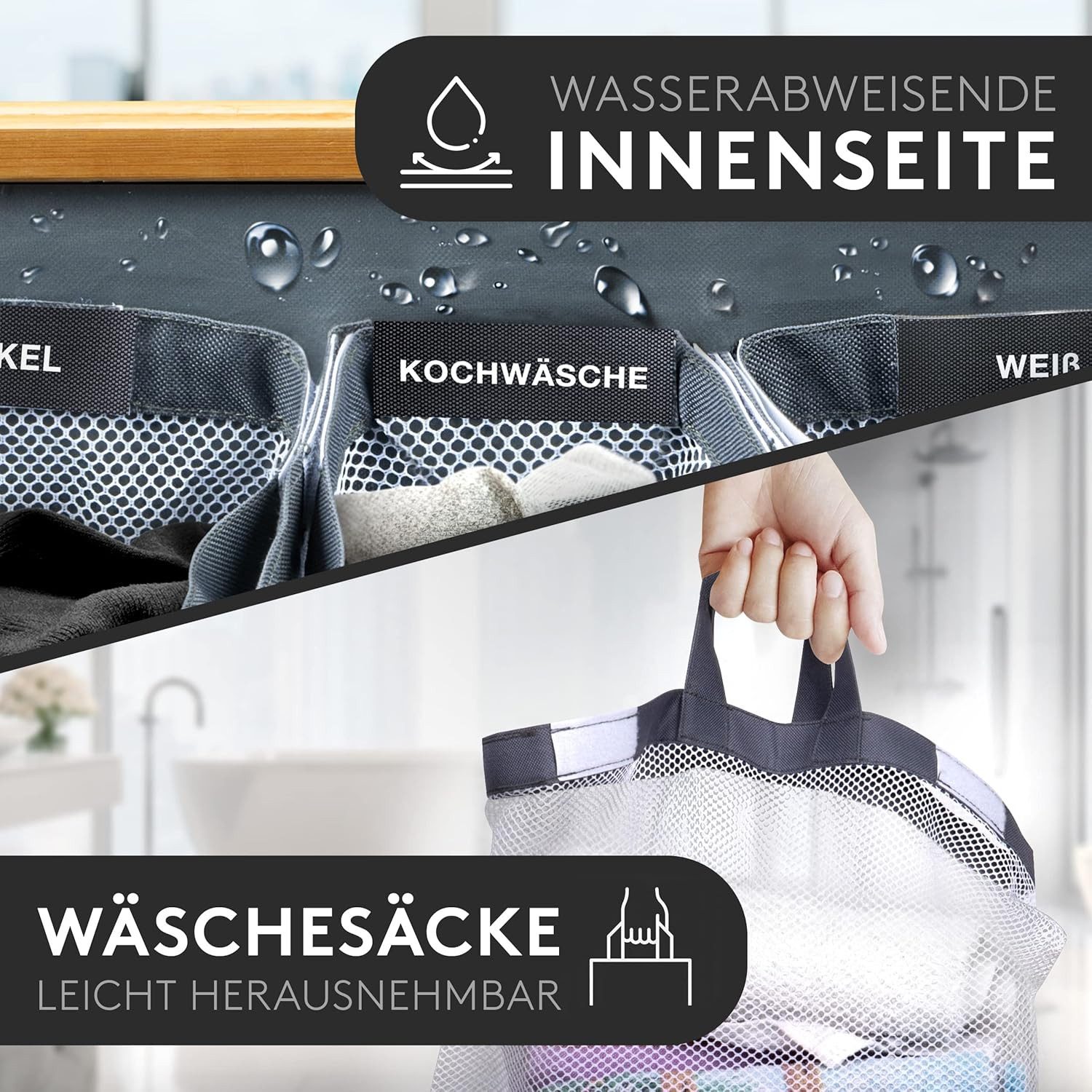 Falkenwerk Wäschekorb 3 Fächer Wäschesammler mit Deckel, wasserabweisend & faltbar, 145L XXL Wäschebox mit herausnehmbaren Wäschesäcken – Bild 3 von 5