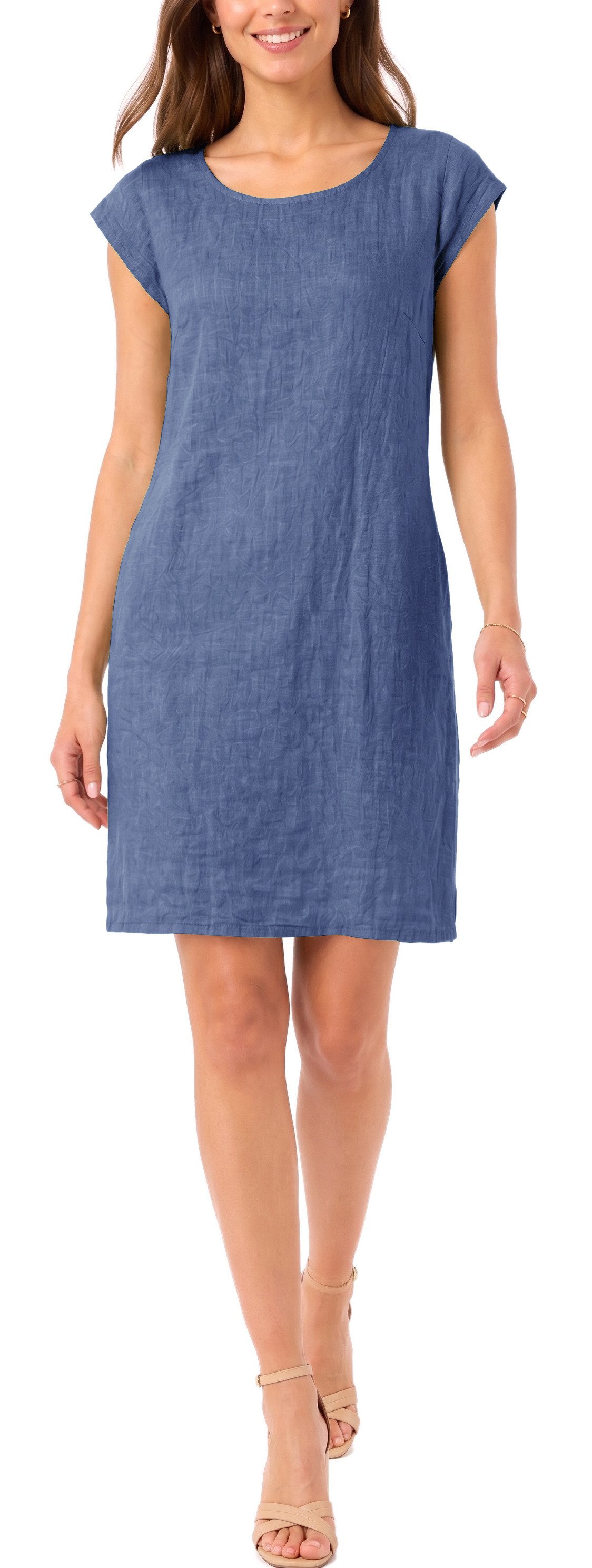 dy_mode Midikleid Einfarbiges Damen Leinenkleid Sommerkleid Kurzarm Midi Kleid in Unifarbe, mit Eingriffstaschen, leicht taillierte Passform – Bild 3 von 5