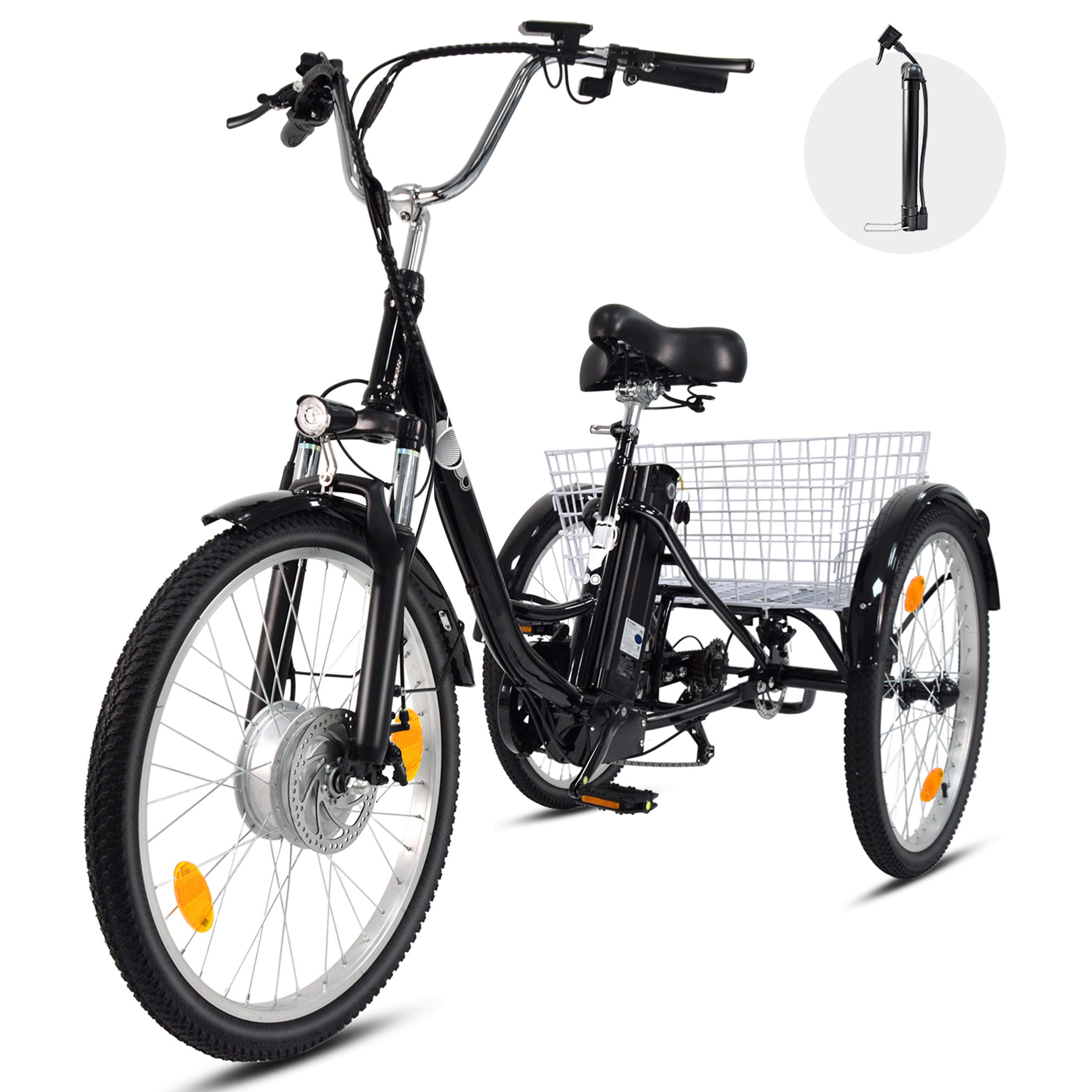 Vankel E-Bike Cityrad Damen u. Herren Elektro-Dreirad 24 Zoll 250W 648Wh 100km 3-Rad Pedelec, Kettenschaltung, Heckmotor, 648 Wh, (Beleuchtungsset mit Batterieladegerät, Batterieschlüssel, Werkzeug), Shimano 7-Gang Vorderradmotor Federgabel Cargobike 120k