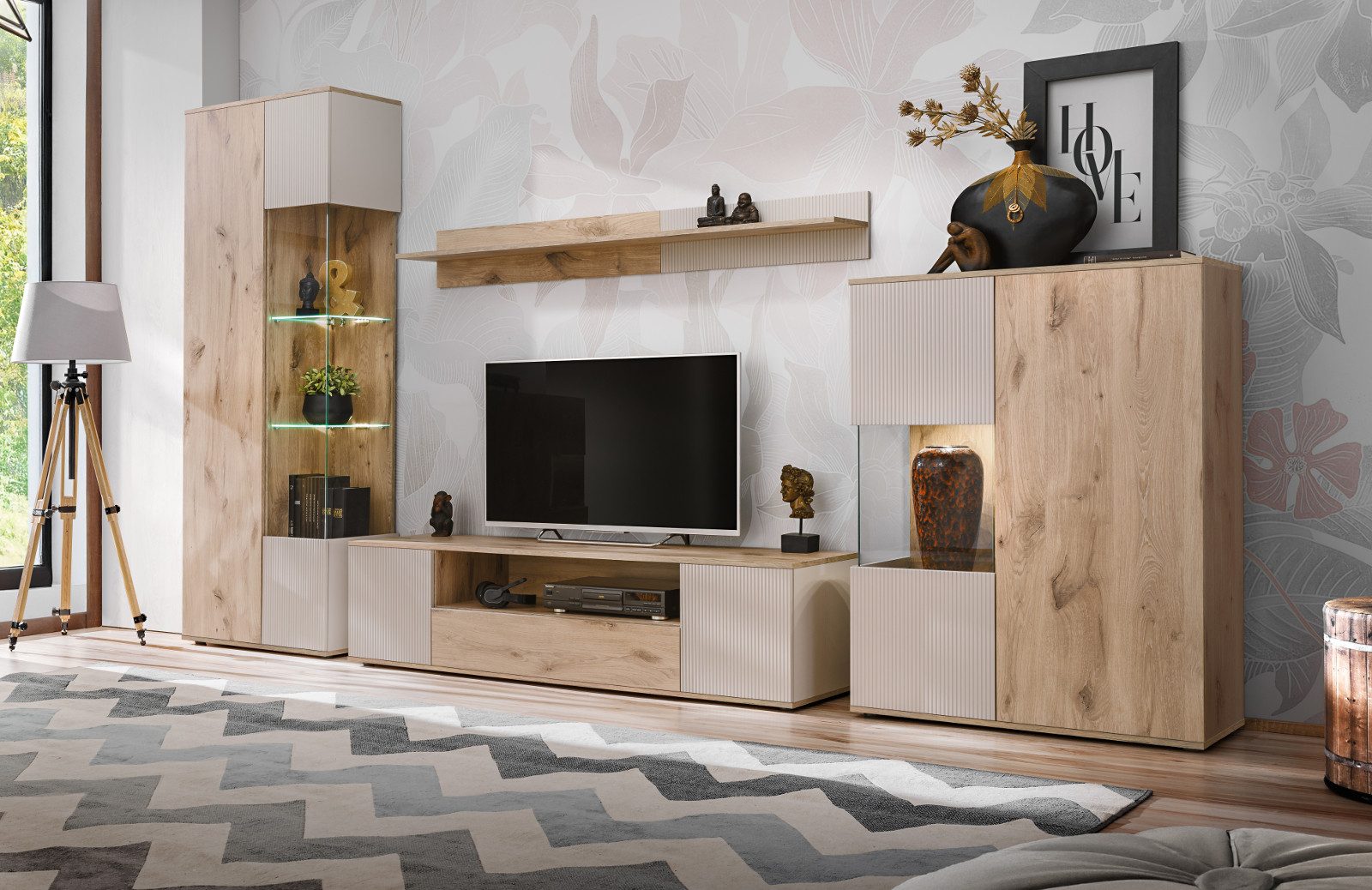 Inn.Furn Wohnwand Cathlyn, (4-teilige Schrankwand in Eiche und Kaschmir, 350 x 197 cm), mit Push-To-Open und LED-Beleuchtung