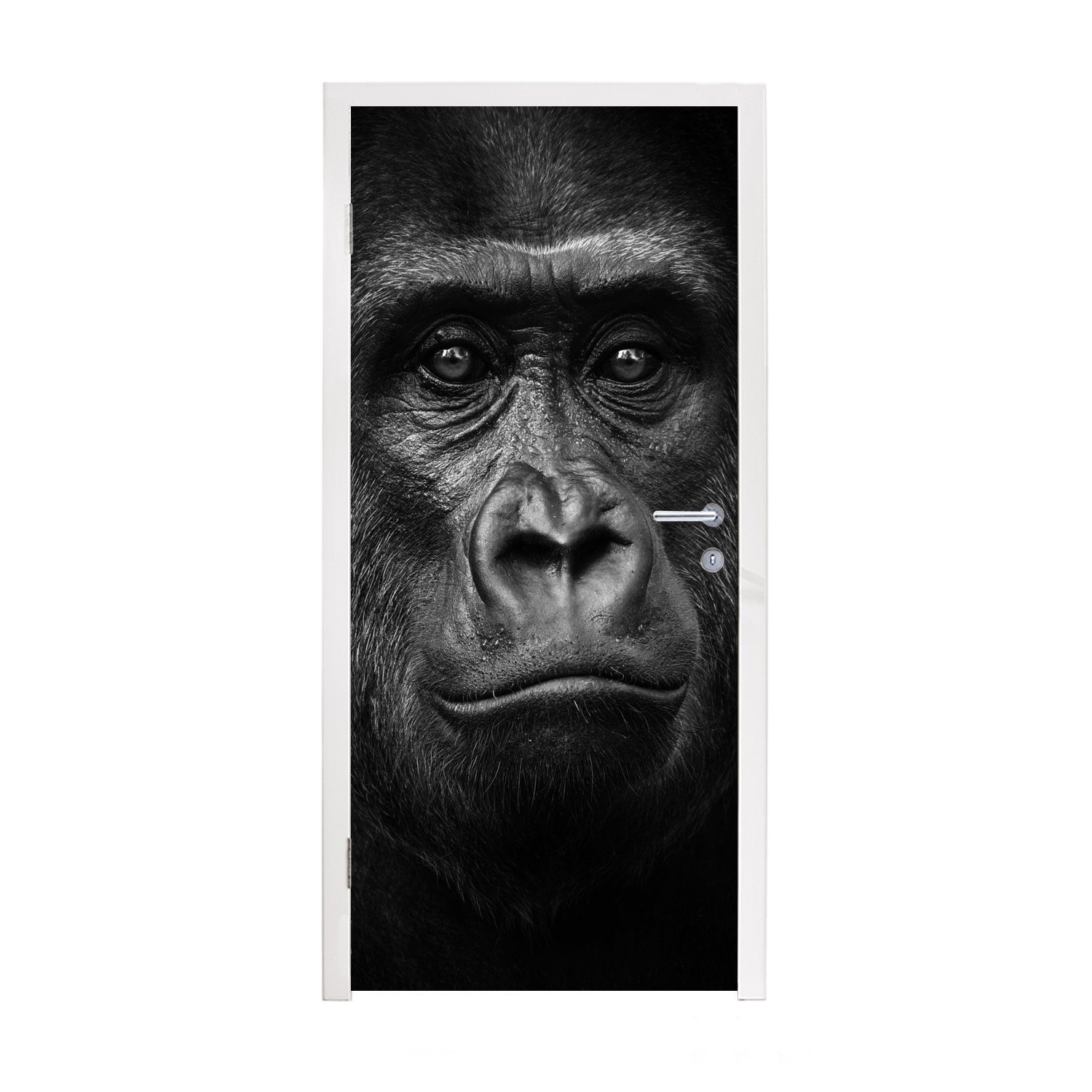 MuchoWow Türtapete Gorilla - Schwarz - Weiß - Tiere - Porträt, Matt, bedruckt, (1 St), Fototapete für Tür, Türaufkleber, 75x205 cm