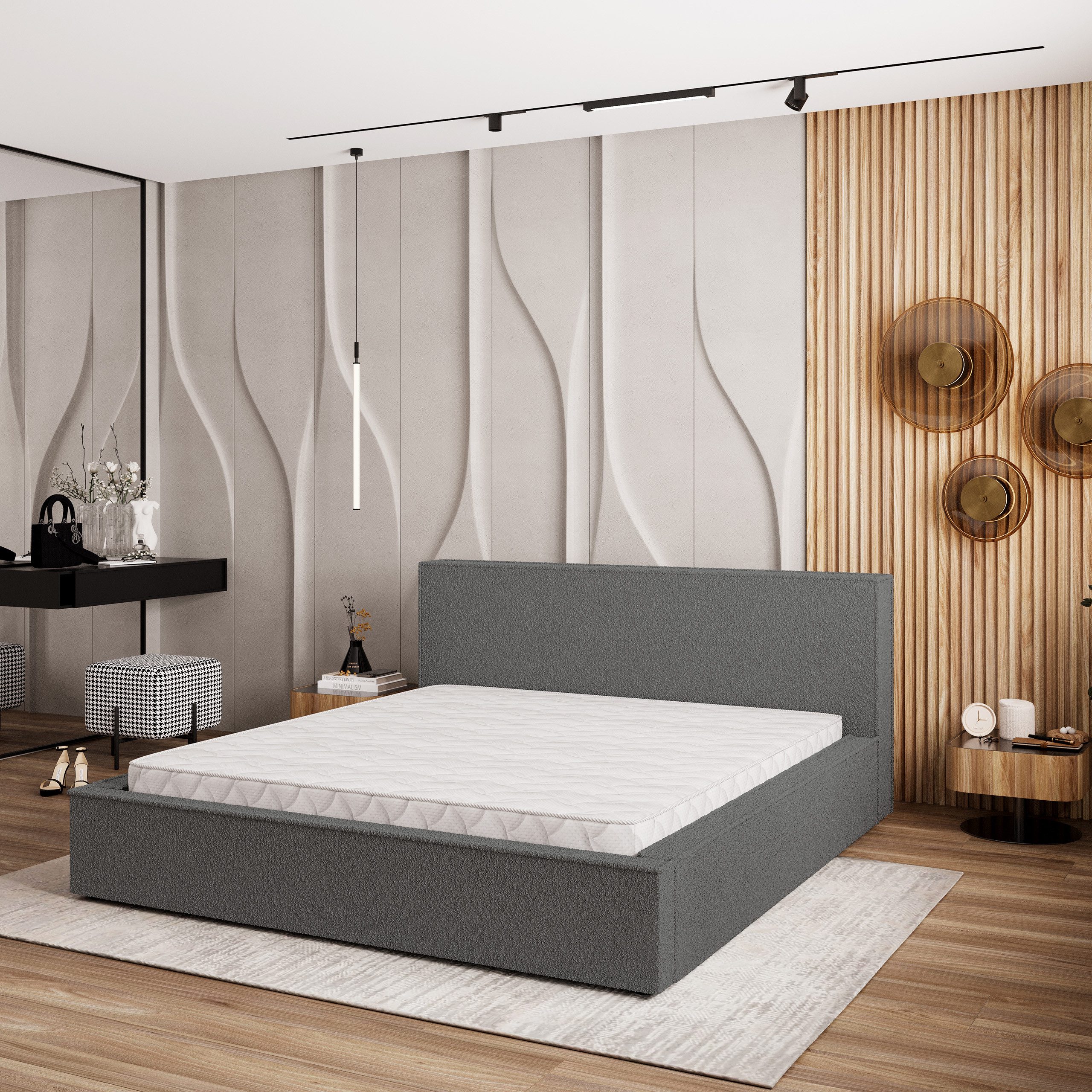 Masseno Polsterbett CELORA 180x200 cm grau (mit Bettkasten und Lattenrost)