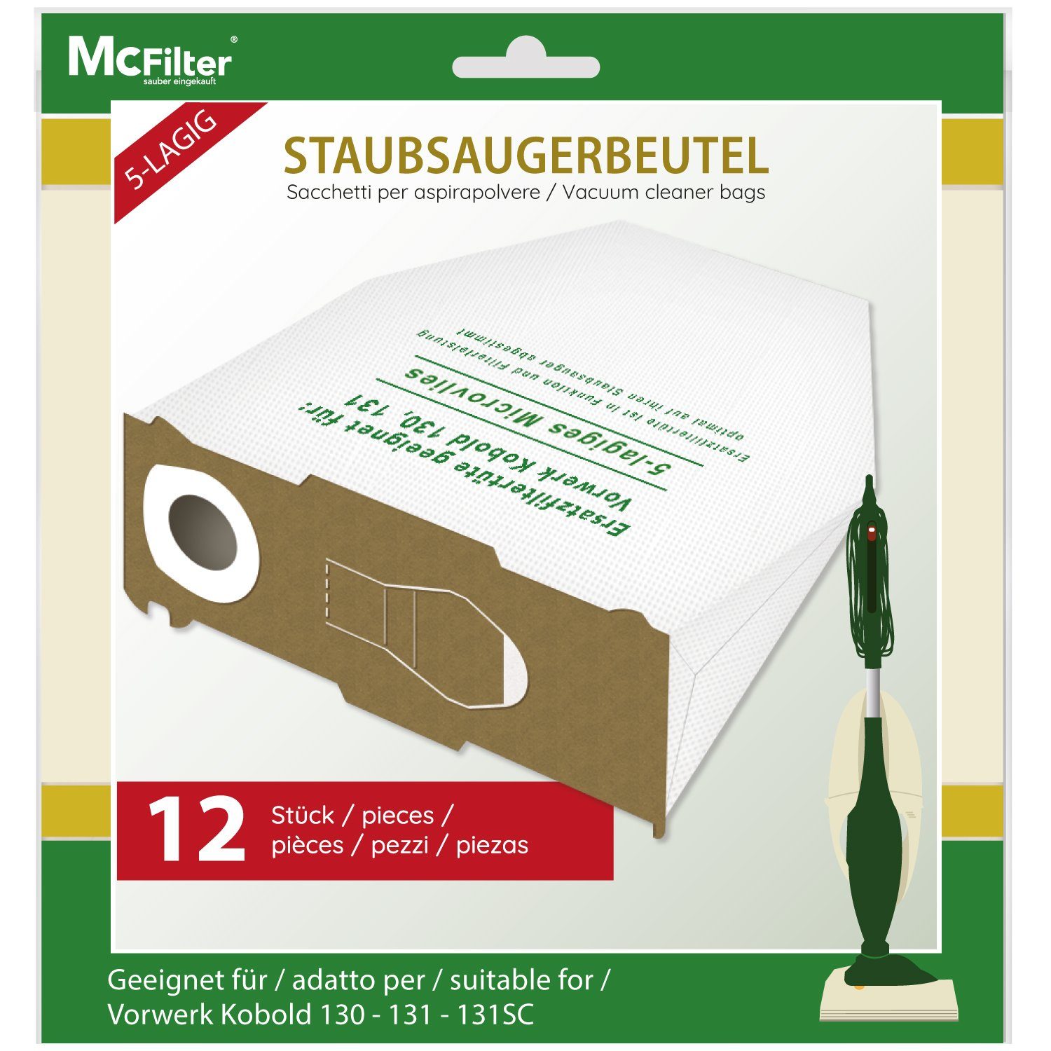 McFilter Staubsaugerbeutel (12 Stück), passend für Vorwerk Kobold VK 130, VK 131 SC, 12 St., mehrlagig, Pappdeckscheibe, inkl. Staubverschluss