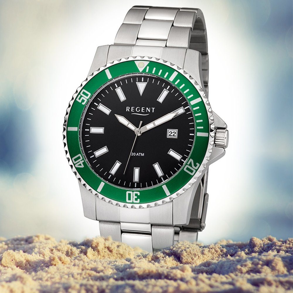 Regent Quarzuhr Regent Herren Uhr F-1184 Metall Armbanduhr, (Analoguhr), Herren Armbanduhr rund, groß (ca. 43mm), Metallarmband