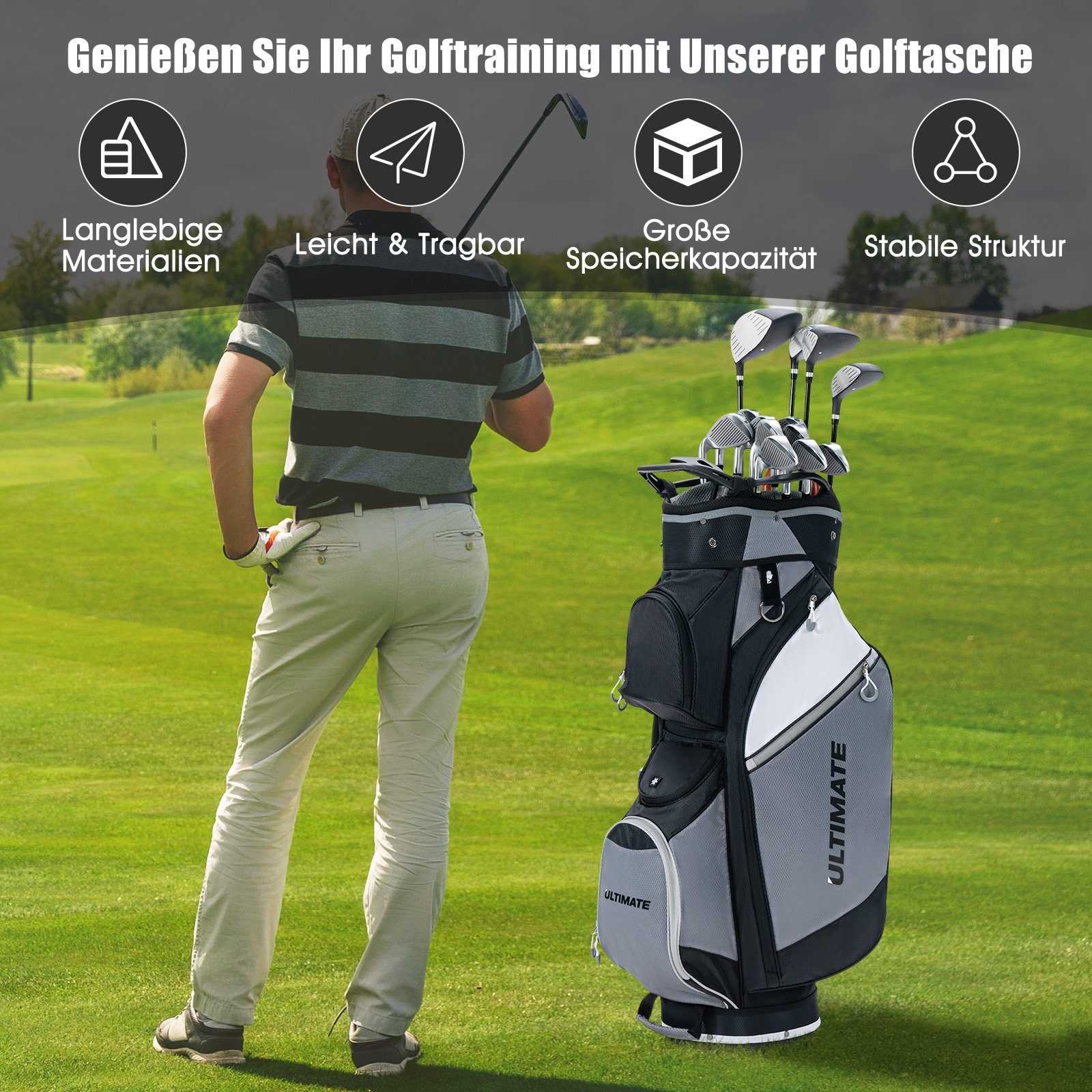 COSTWAY Golftrolley + Golfbag, mit Regenhaube, Tragegriffe & Schultergurt