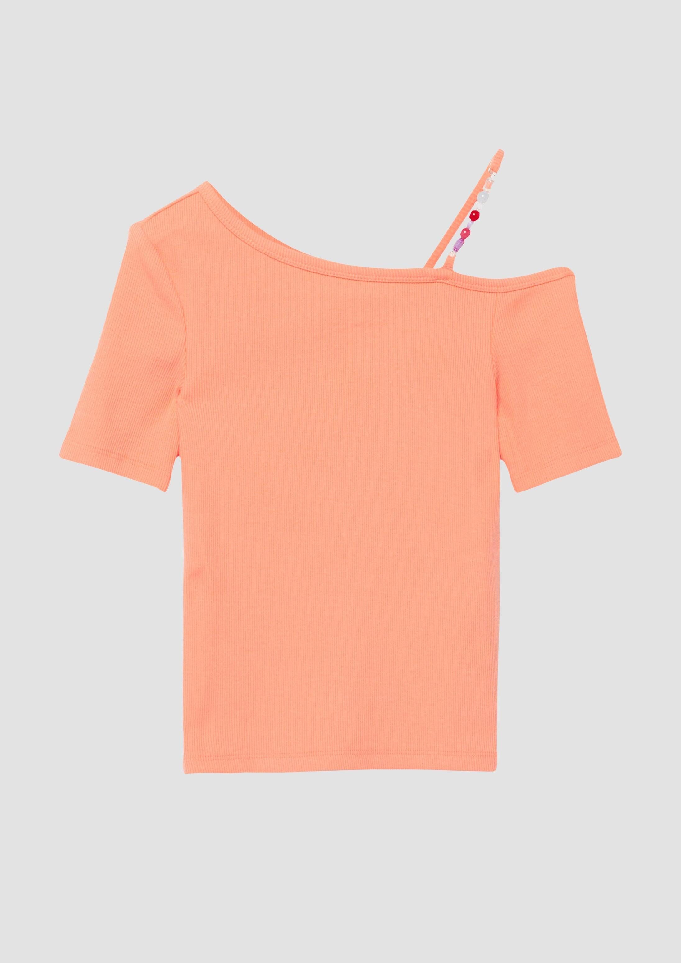 s.Oliver Kurzarmshirt T-Shirt Rippshirt mit asymmetrischem Ausschnitt und Schmuckperlen