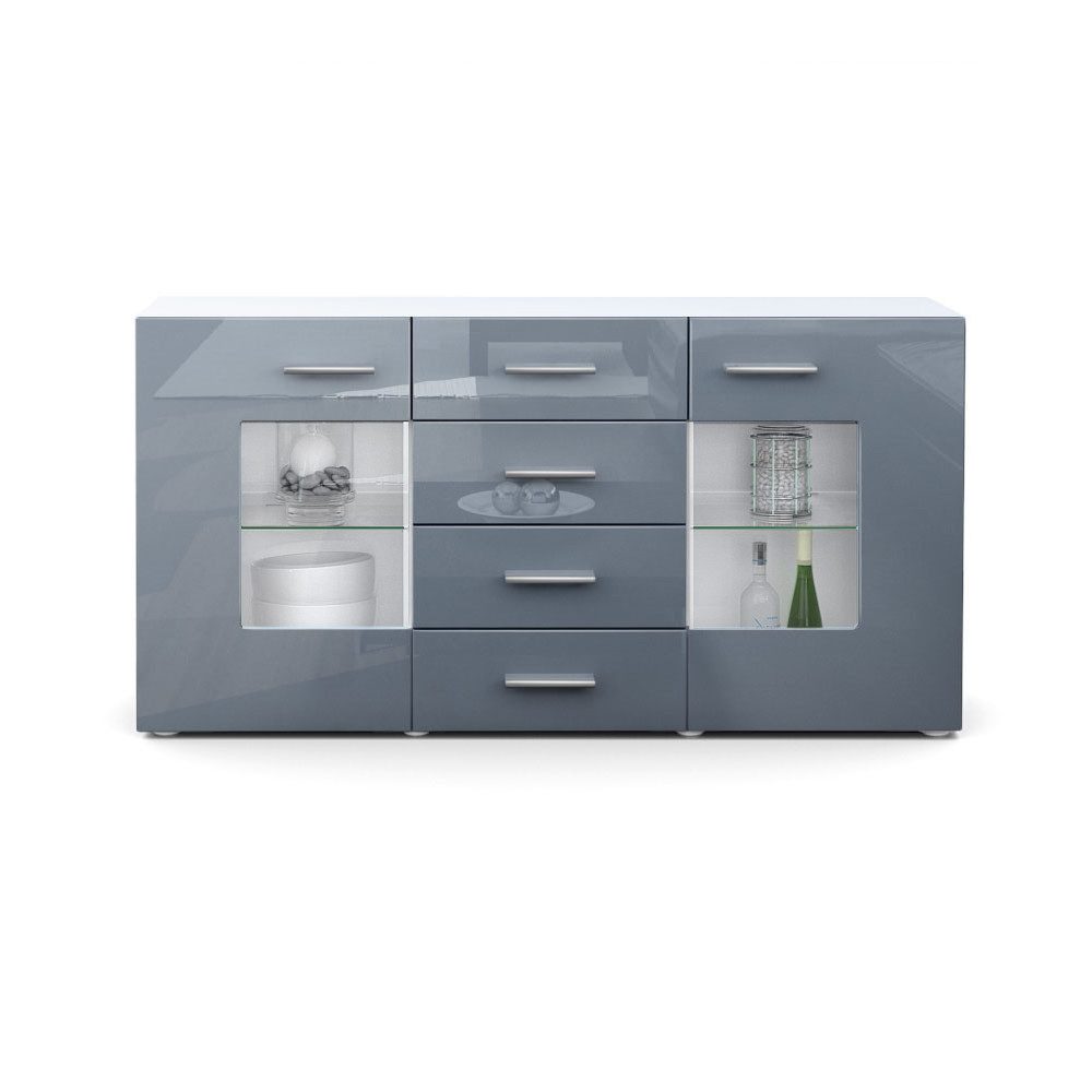 Vladon Sideboard Noah V1 (Kommode mit 2 Türen, 4 Schubladen und 2 flexible Glaseinlegeböden), Weiß matt/Grau Hochglanz (139 x 72 x 35)