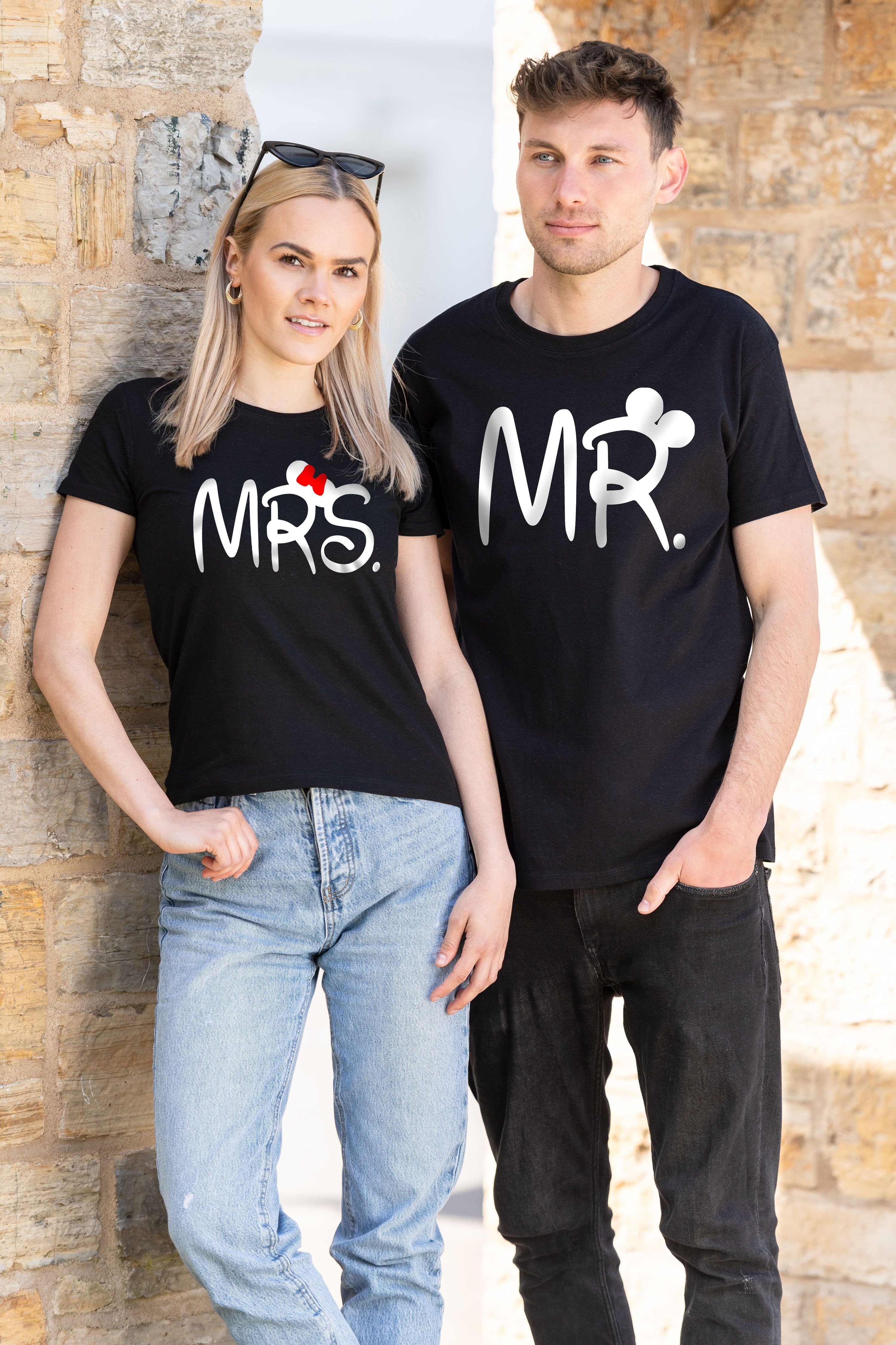 T-Shirt Misses & mit Print Partner Herren Mrs. lustigen / Mr. Look Mister T-Shirt (1-tlg) Couples Shop Schwarz