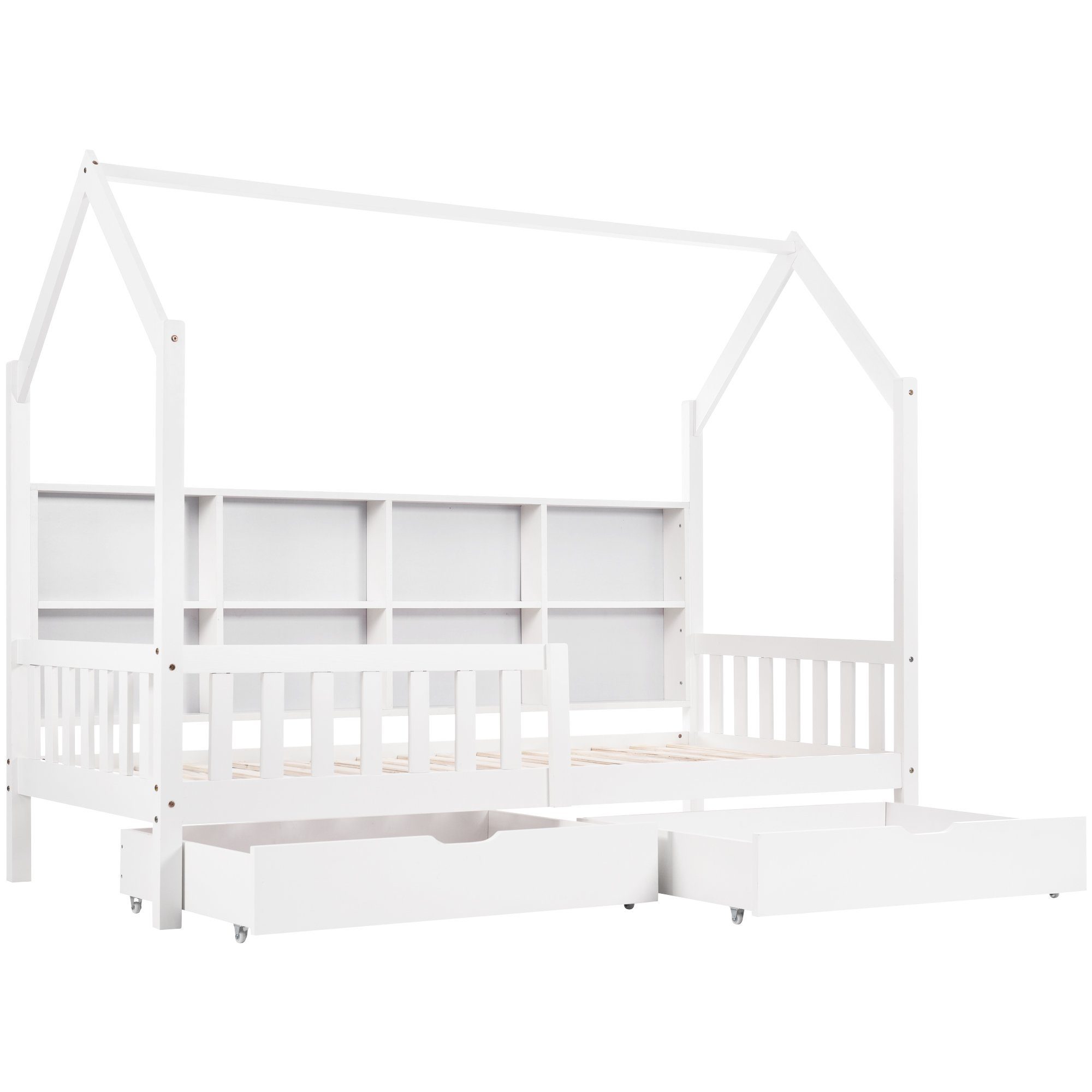 Kinderbett (Hausbett 90x200 cm), mit Bücherregal, zwei Schubladen, Rausfallschutz & Lattenrost, Kiefer