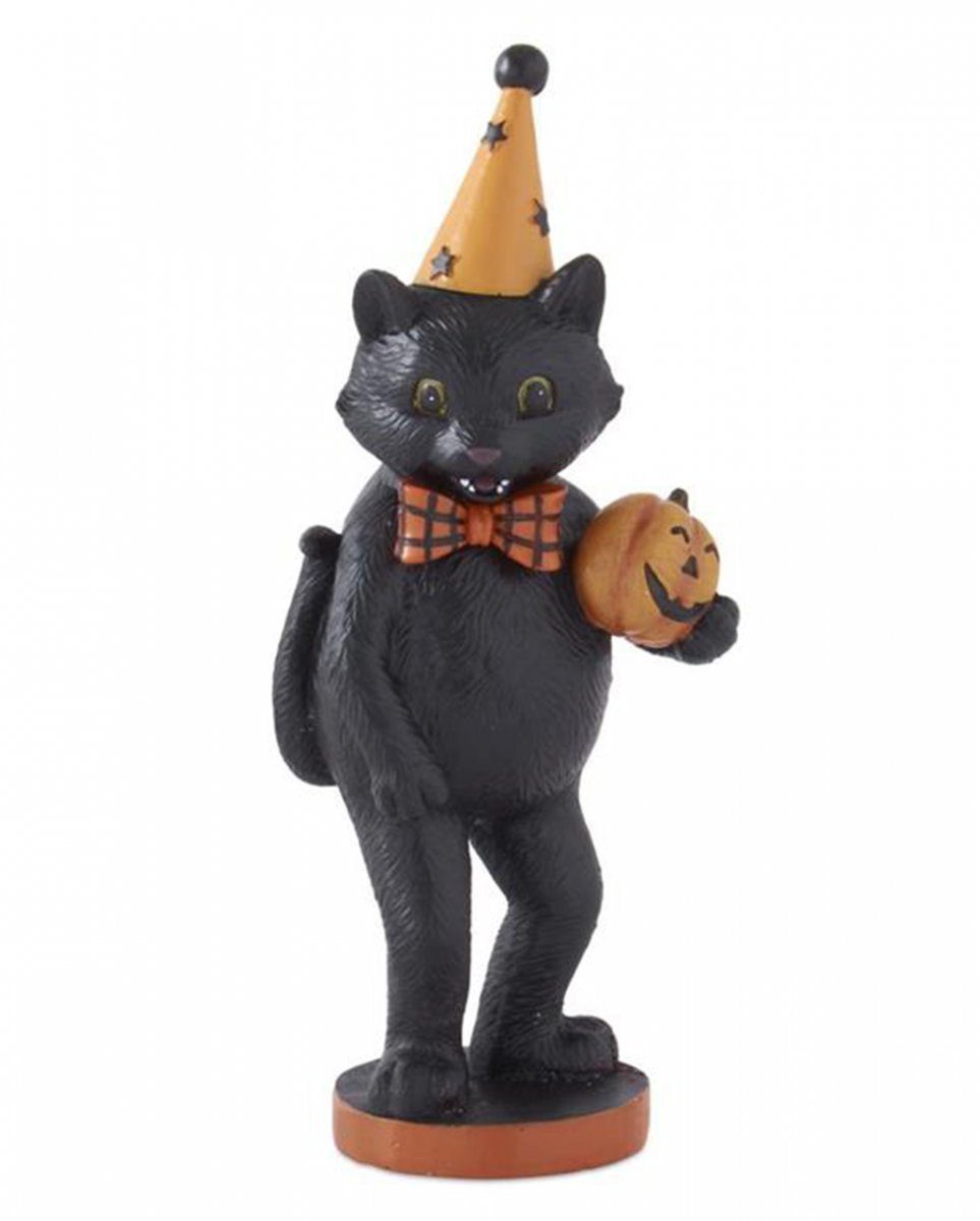 Horror-Shop Dekofigur Schwarze Halloween Katze Part mit Kürbis, & Fliege