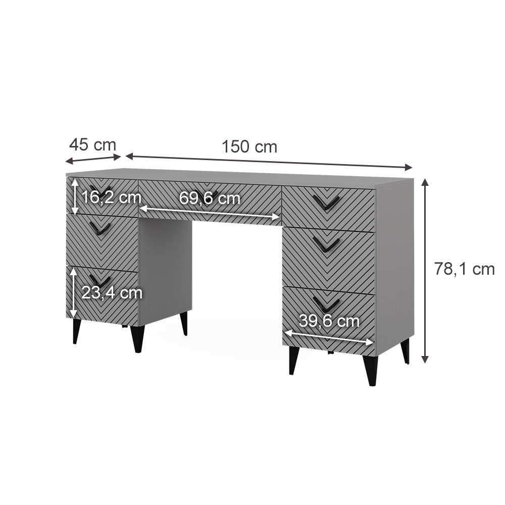 Vicco Schminktisch Anett, Grau, 150 cm ohne Spiegel, mit 7 Schubladen (1-St)