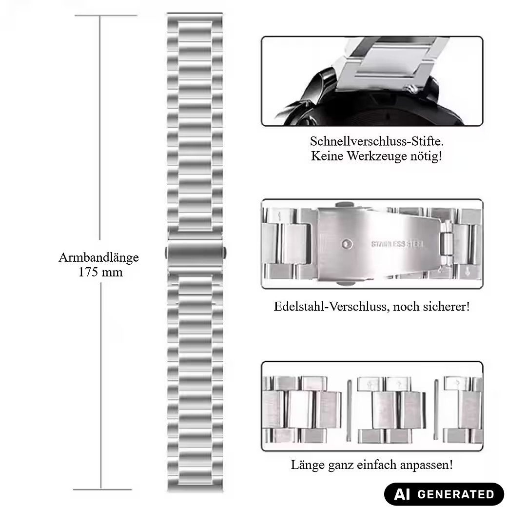 Ware aus aller Welt Uhrenarmband schwarzes Edelstahl-Uhrenarmband robustes Ersatzband mit Faltschließe