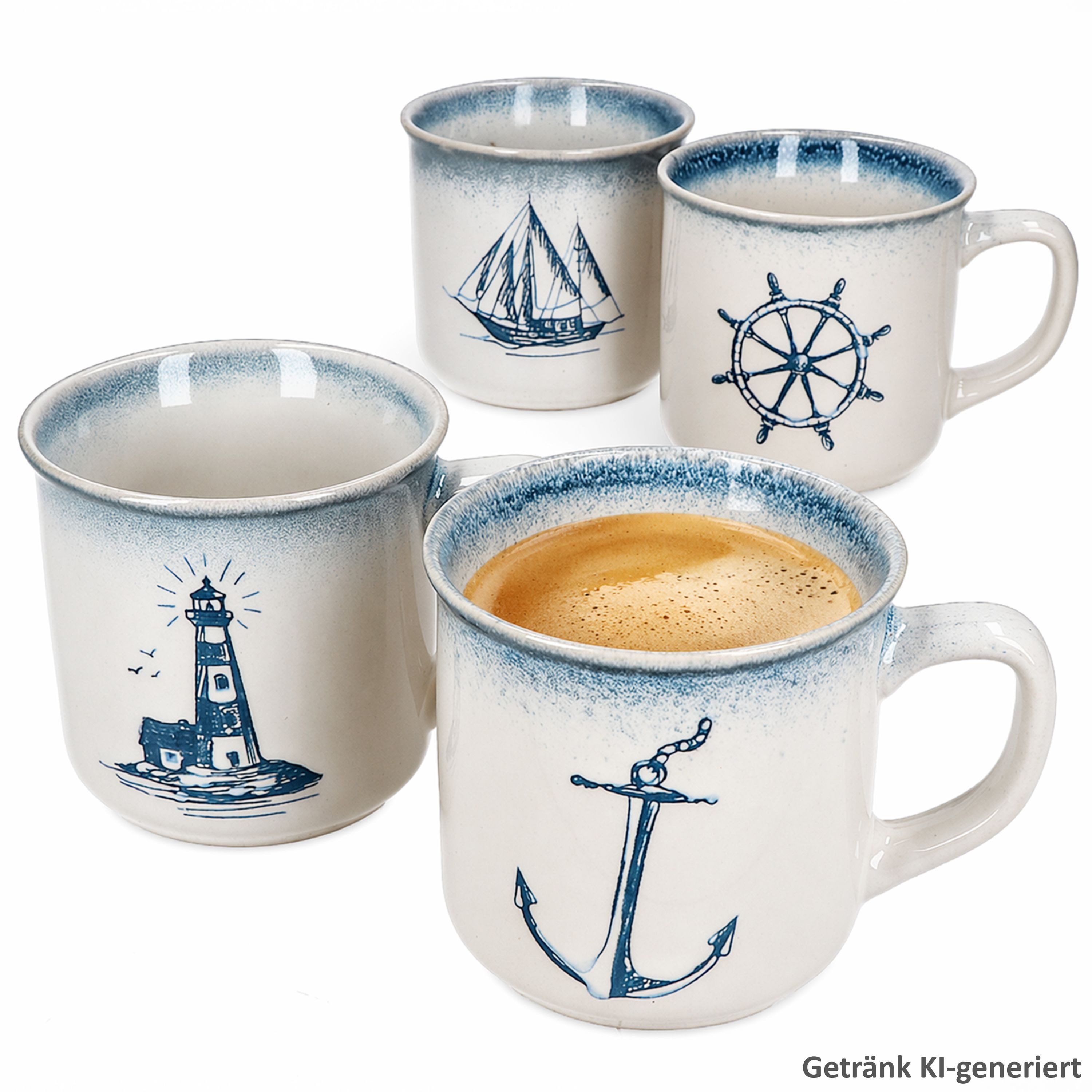 MamboCat Becher MamboCat 4x Martin Kaffeebecher Keramik blau maritime Motive Tee-Tasse, Keramik