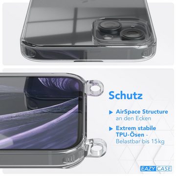 EAZY CASE Handykette Silikon Kette Karabiner für Apple iPhone 15 Plus 6,7 Zoll, Hülle mit Band 2in1 Handyband Etui Case mit Kordel Flieder Lila Gold