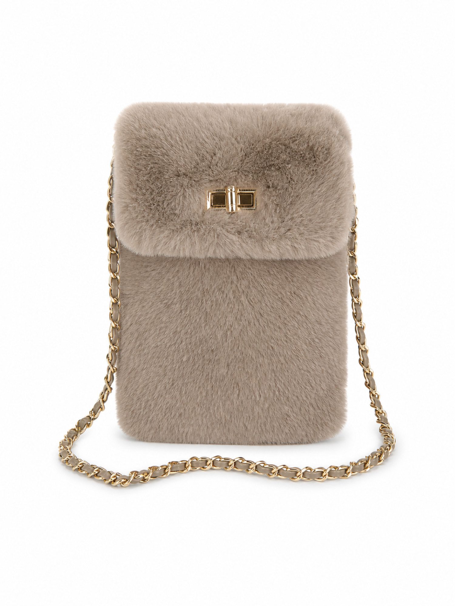 BRISE TASCHE Umhängetasche Mini Umhängetasche aus Kunstfell mit Kettenriemen, weiches Kunstfell, goldfarbener Kettenriemen, Drehverschluss