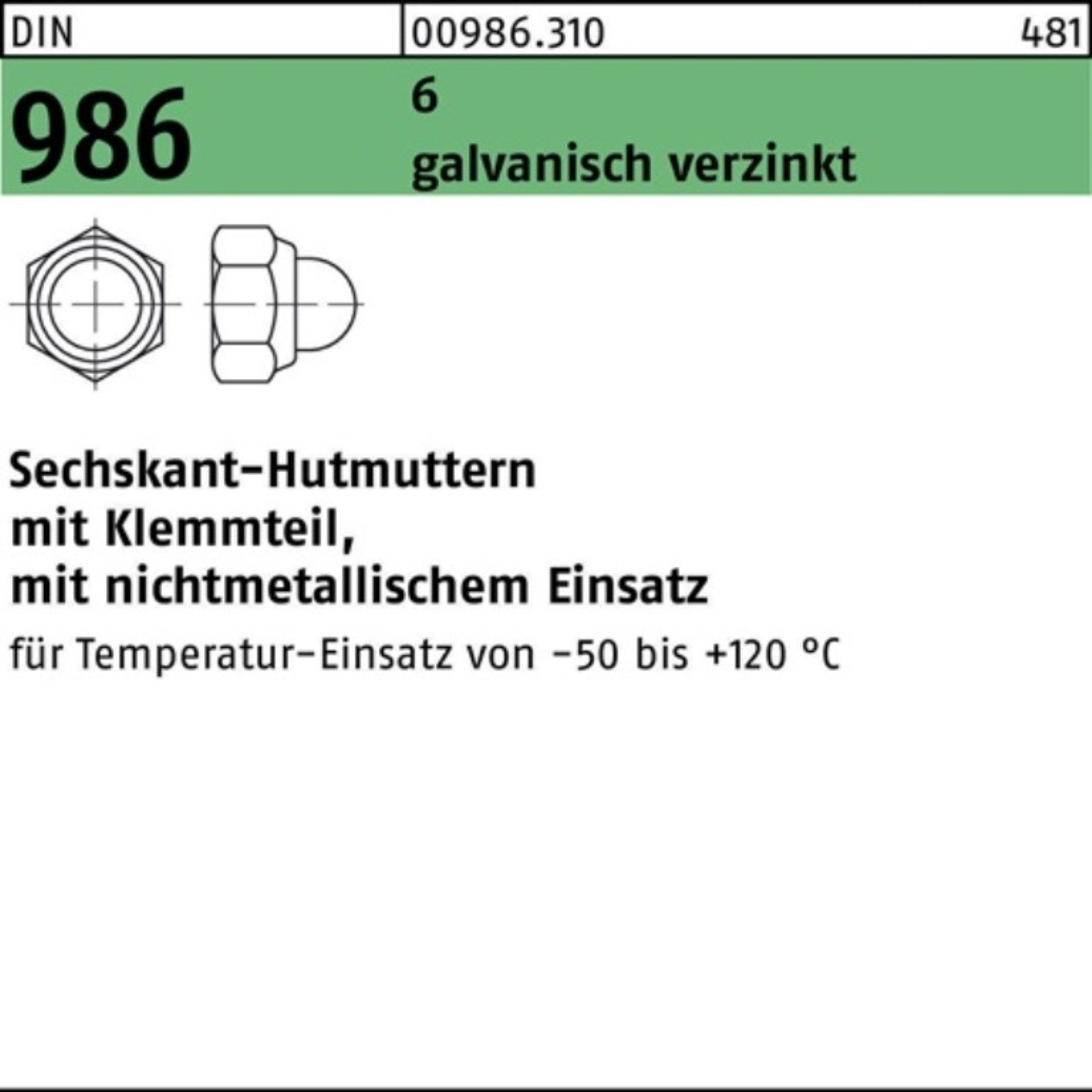 Reyher Hutmutter 100er Pack Sechskanthutmutter DIN 986 Klemmteil M12 SW 19 6 galv.verz.