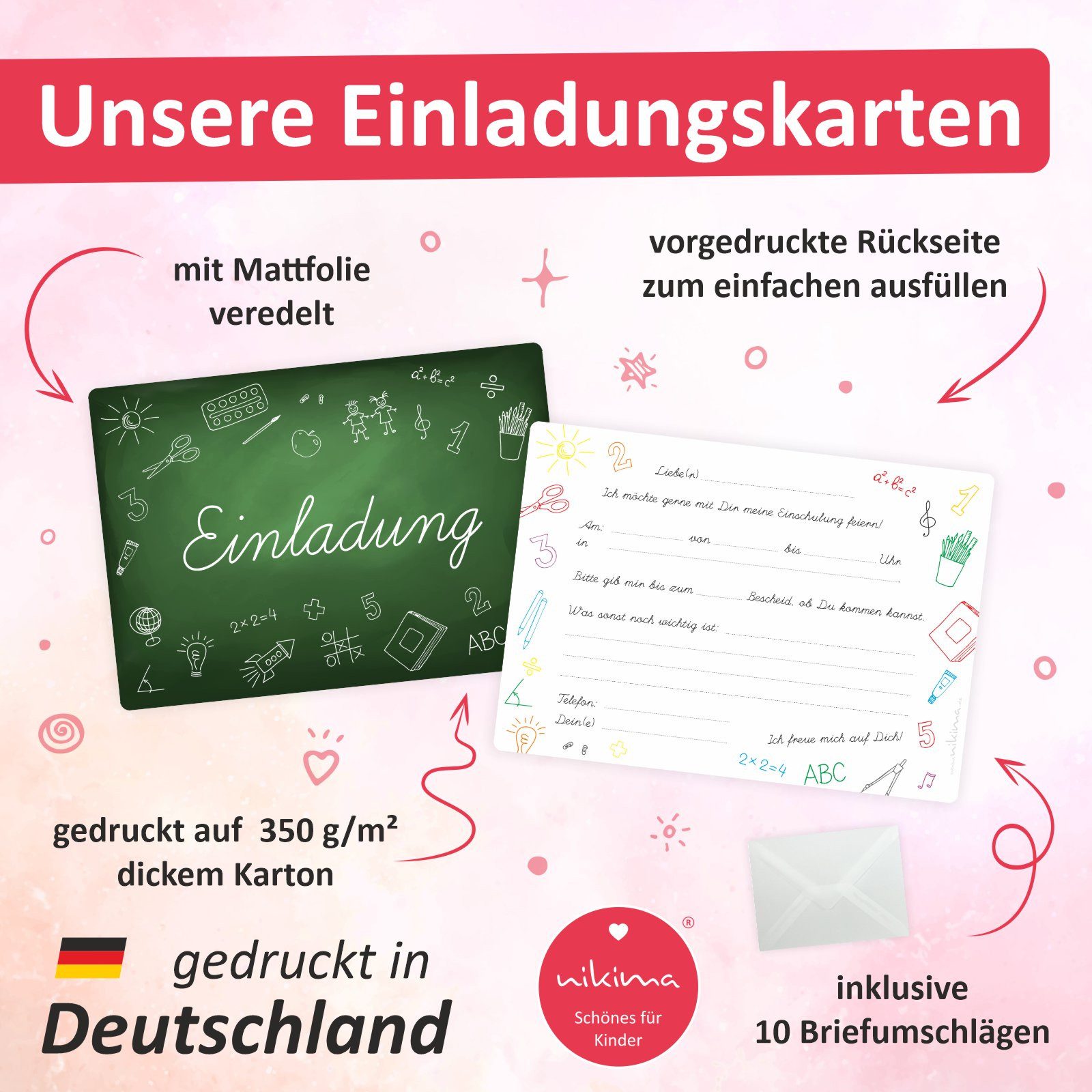 nikima Einladungskarten 10 Einladungskarten zur Einschulung Tafel grün inkl. Umschlag