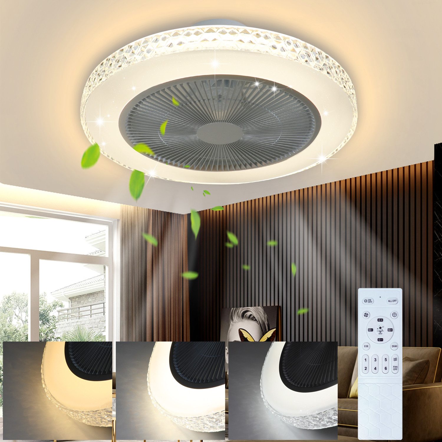 ZMH Deckenventilator LED Deckenlampe Ventilator Timing Fan Kristall, 48,50 cm Durchmesser, ‎Flimmfrei, Mit Ventilatorflügel, Sommer und Winter, Dimmbar
