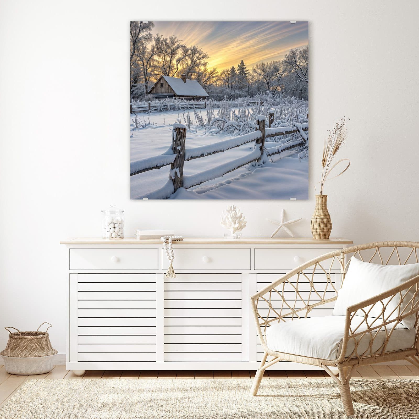 Primedeco Glasbild Wandbild Quadratisch Verschneites Landhaus mit Aufhängung, Jahreszeiten (21 verschiedene Größen, 1 St), Elegante Aufhängung