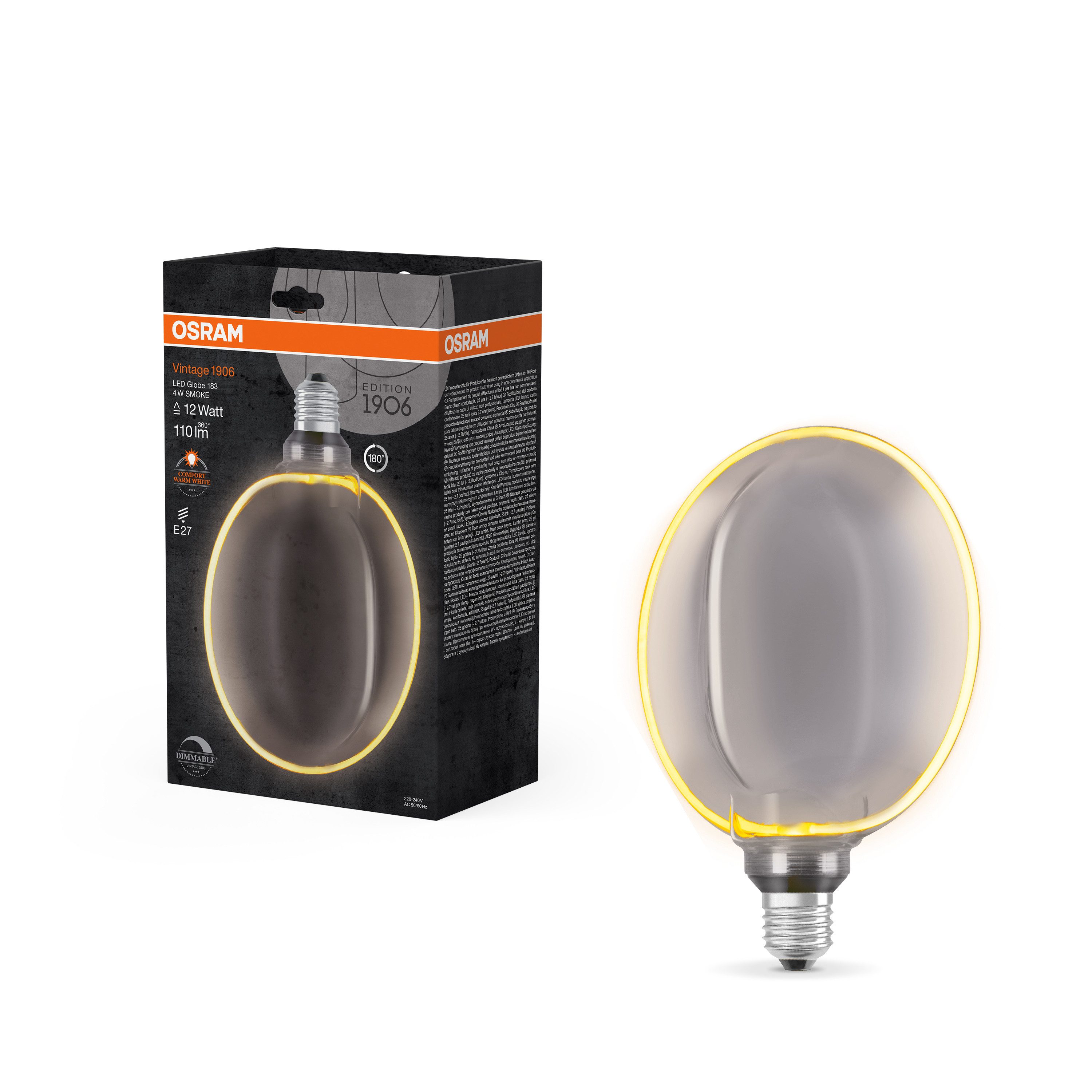 Ledvance LED-Leuchtmittel Vintage 1906 Globe 183 Filament O Lamp DIM 4W 818 Smoke E27, E27, 1 St., Komfort warmes Weiß, Lebensdauer bis zu 25.000 h