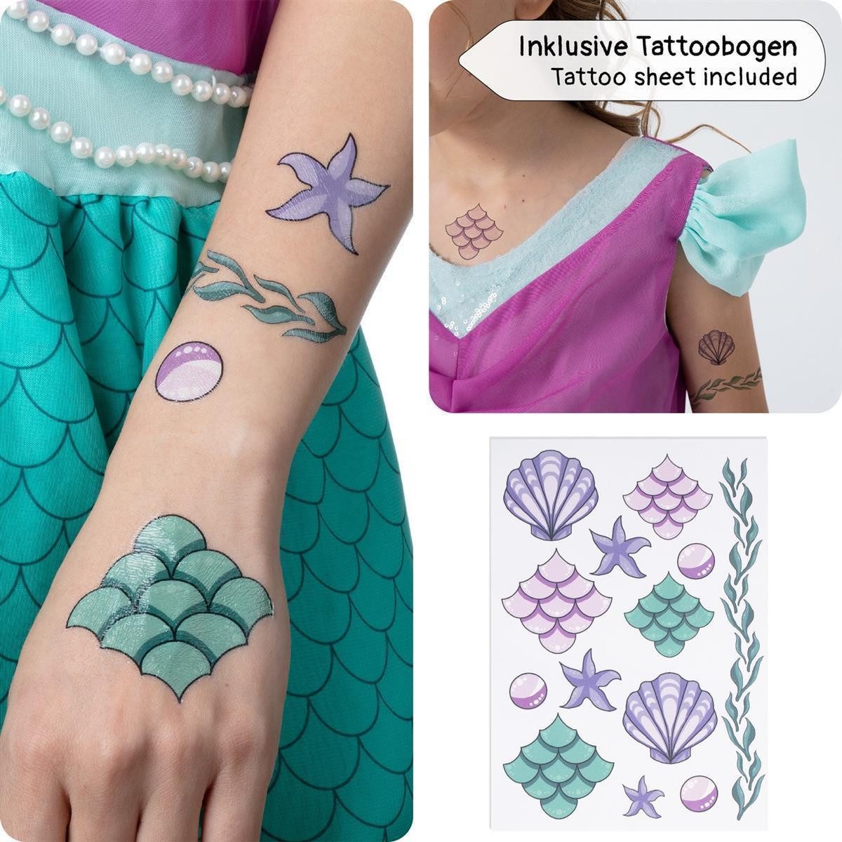 Corimori Prinzessin-Kostüm Meerjungfrau Kleid für Kinder mit Tattoos & Diadem, Meerjungfrauen - Kostüm Kleid für Karneval, türkis, Größe 110/116
