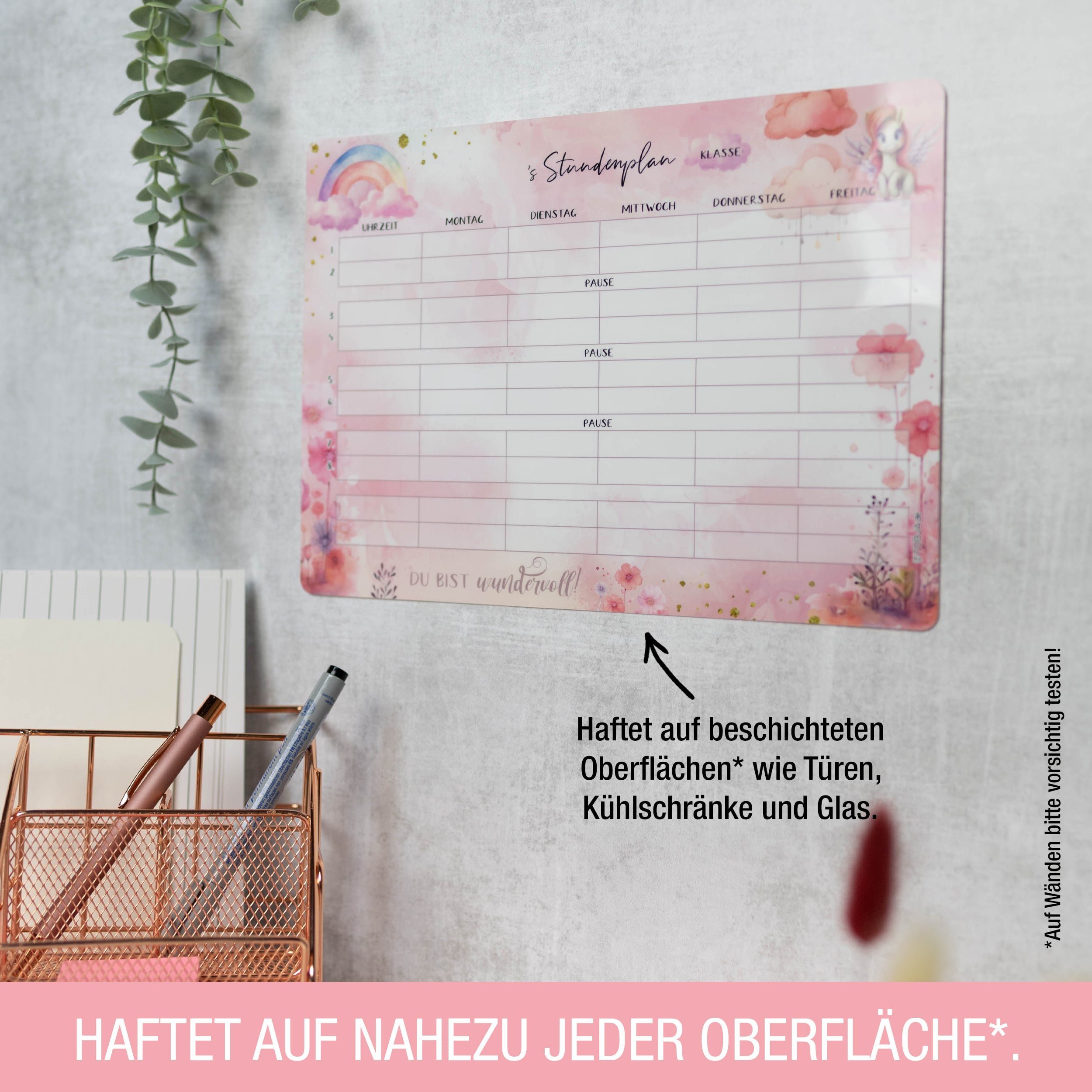 TOBJA Wandtafel Stundenplan Unicorn Einhorn - inkl. Stift, wiederablösbar, Mädchen Rosa Grundschule Wochenplaner Schule – Bild 4 von 5