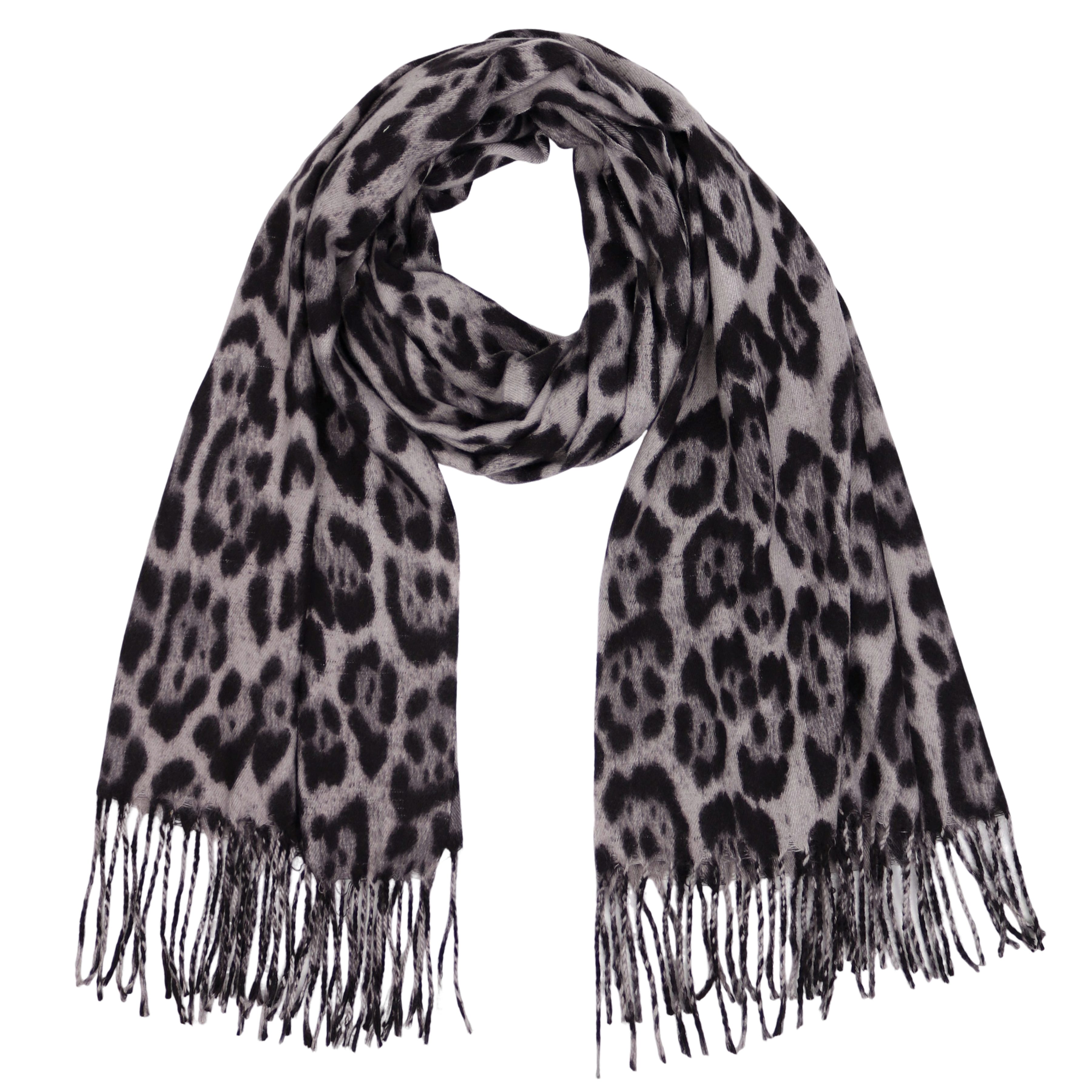 MIRROSI Modeschal weicher und warmer Schal Leo Muster mit Fransen, 70x180cm, (angesagtes Leomuster Leo Leopard Muster), Damen Halstuch ideal für Herbst und Winter