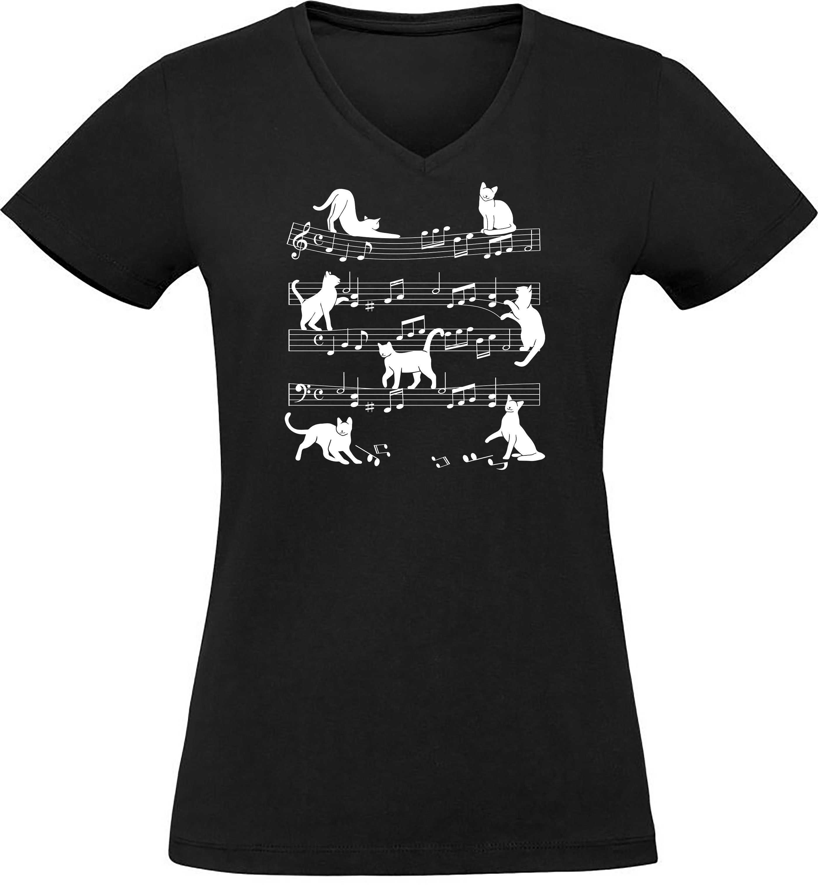 MyDesign24 T-Shirt Damen Katzen Print Shirt bedruckt - Musiknoten mit Katze günstig online kaufen