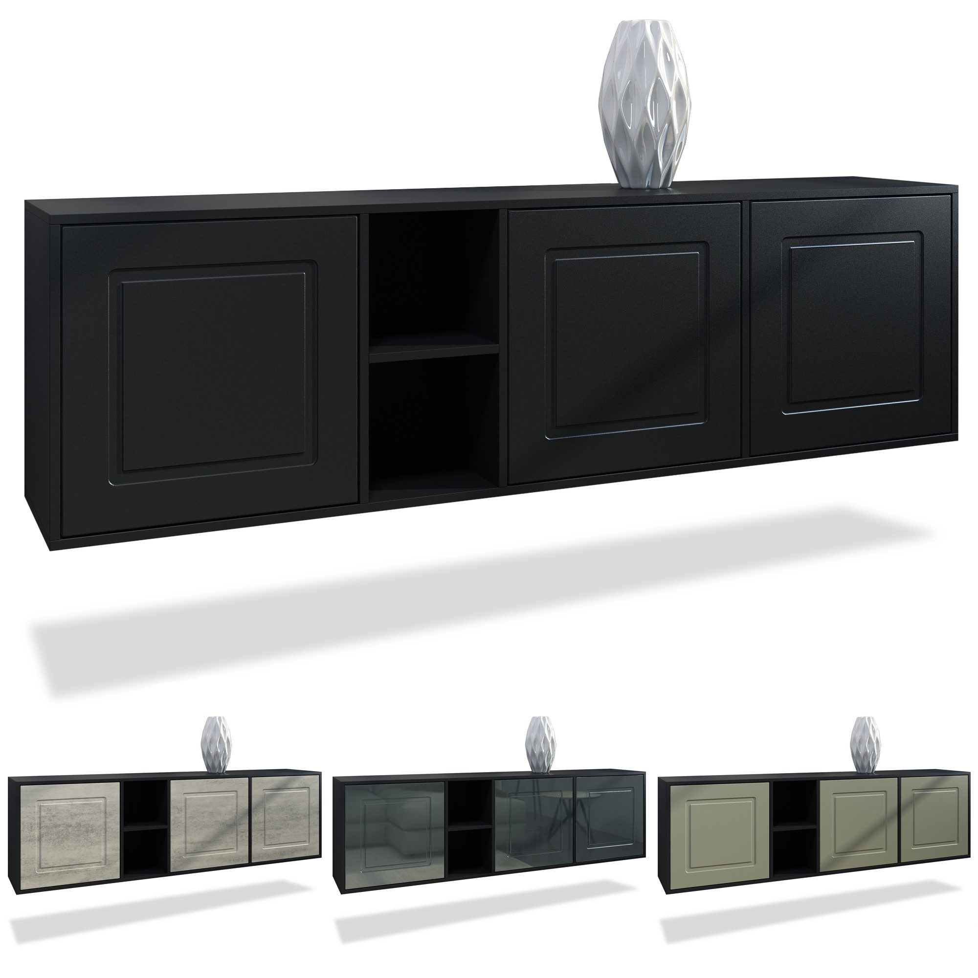 Möbelhandel Klipenstein Sideboard NOAH, TV Board hängend 182 cm, Landhaus, Korpus Schwarz matt