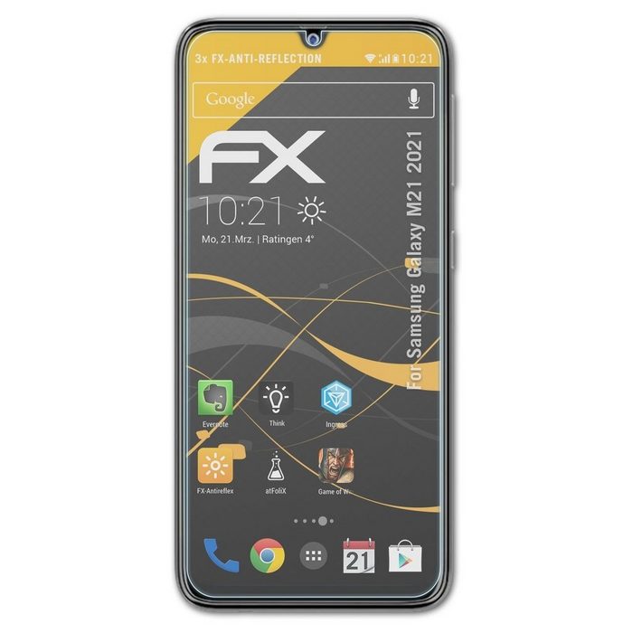 atFoliX Schutzfolie für Samsung Galaxy M21 2021 (3 Folien) Entspiegelnd und stoßdämpfend