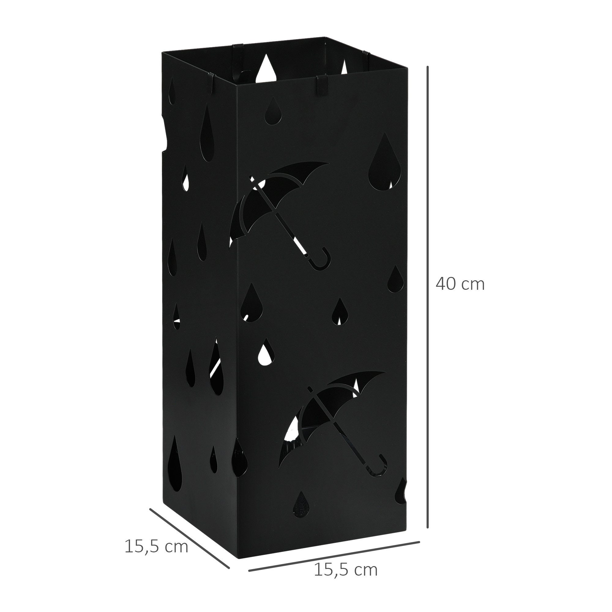 HOMCOM Schirmständer Regenschirmkorb mit 4 Haken, Wasserauffangschale (Regenschirmhalter für Regenschirme, Gehstöcke, 1 St., Stahl), 15,5 x 15,5 x 40 cm, Schwarz
