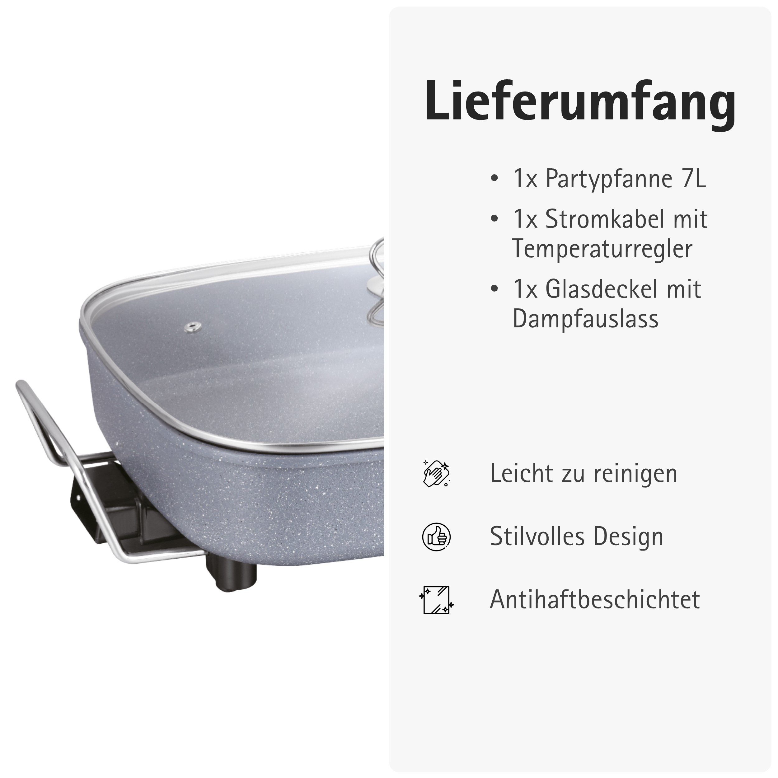 Neudorf Elektrische Partypfanne FamilyPan 8L – Viel Platz für Pfannengerichte & Eintöpfe Wurst uvm., 1500 W, Große Bratfläche, schnelles Aufheizen, stufenlose Temperaturregelung