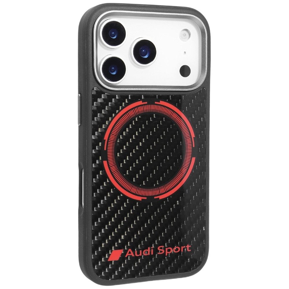 Audi Handyhülle iPhone 17 Pro Carbonfaser RSQ MagSafe schwarz rot Logo 6,3 Zoll, Kantenschutz