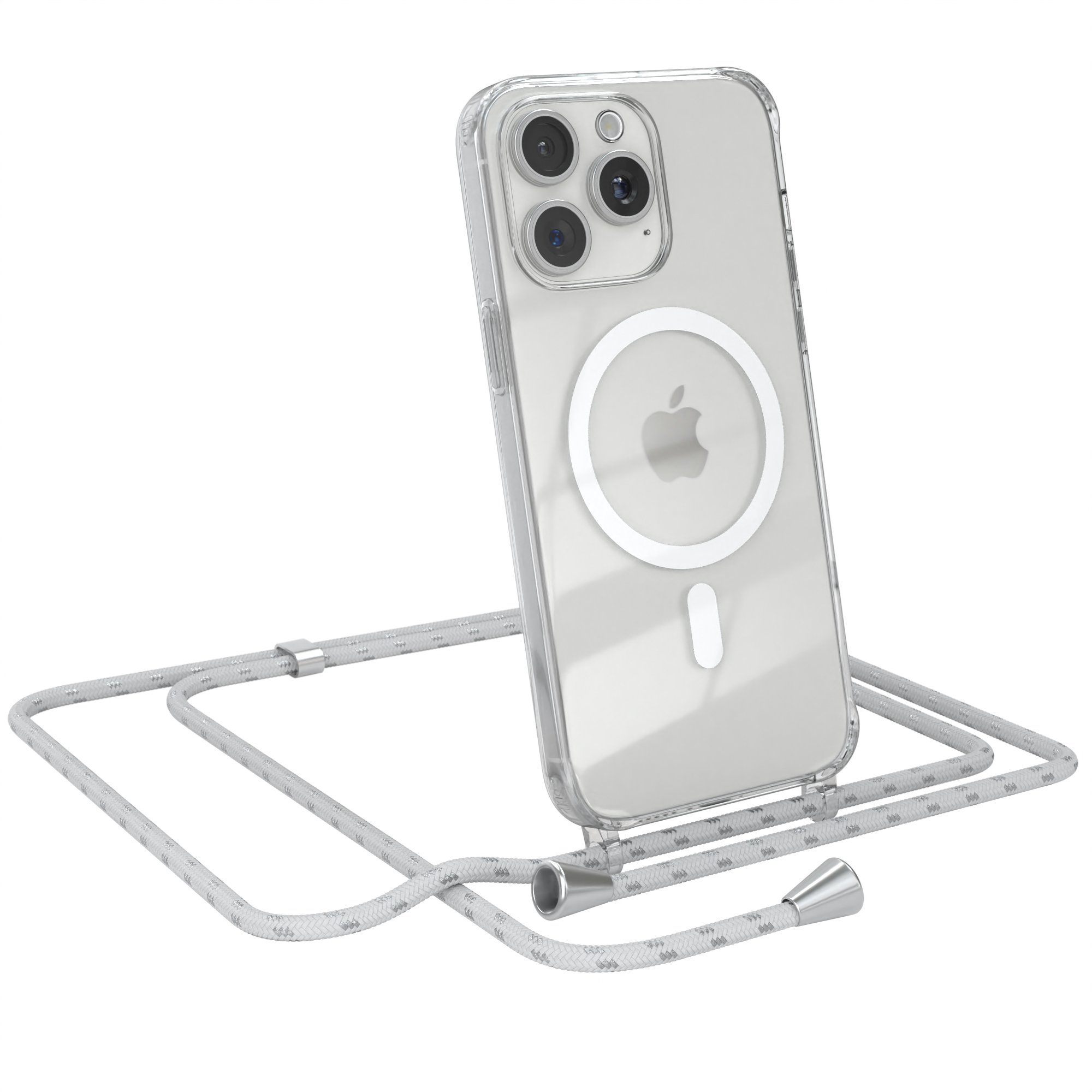 EAZY CASE Handykette mit-/ohne Magsafe Hülle für iPhone 15 Pro Max 6,7 Zoll, Handykordel Qi-Case Slimcover mit Umhängeband zum Umhängen Weiß Silber