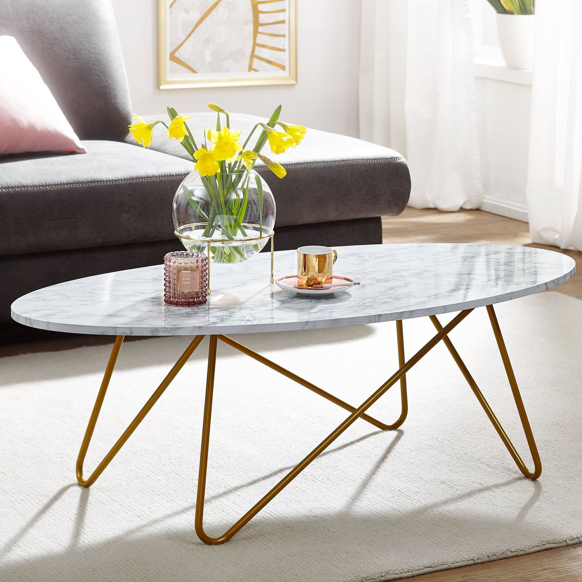 Wohnling Couchtisch WL6.315 Marmor Optik Weiß 120cm Wohnzimmertisch Oval Tisch Sofatisc (120x40x60 cm mit Marmor Optik Weiß Oval Modern), Sofatisch mit Metallgestell, Wohnzimmertisch