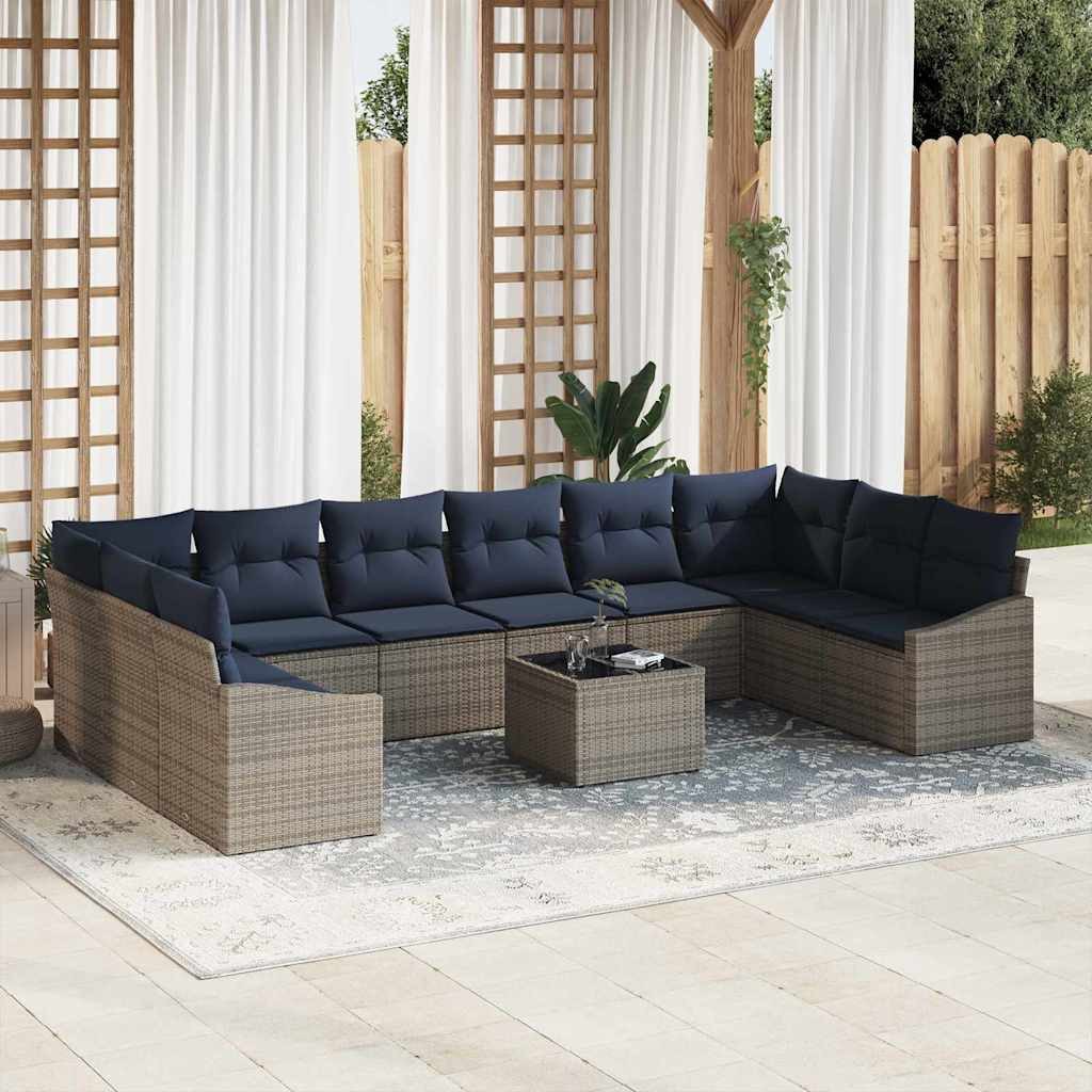 vidaXL Gartenlounge-Set Gartensofa-set mit Speicher Grau und Marineblau Poly-Rattan, (11-tlg)