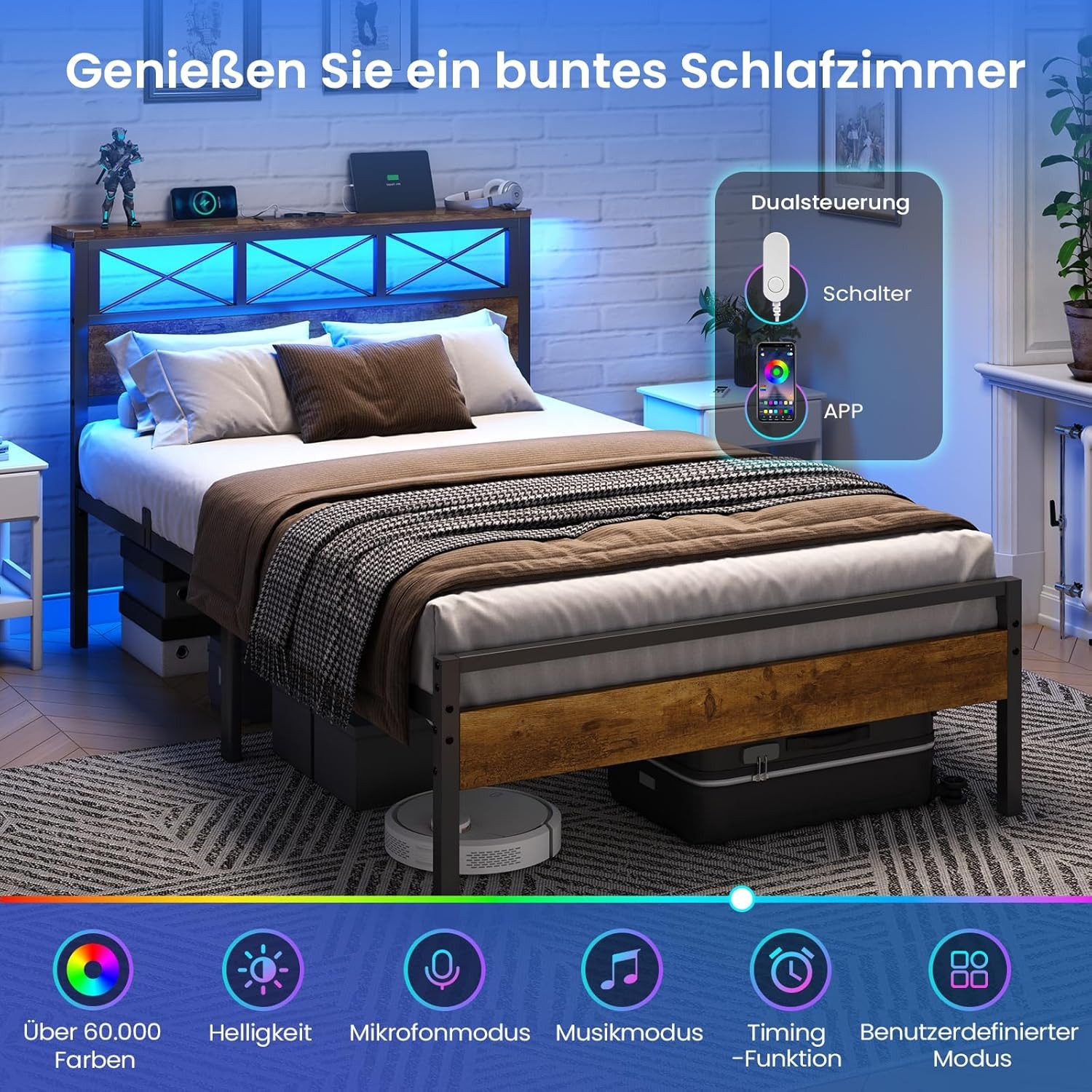 MSMASK Metallbett Bettgestell mit LED Beleuchtung und Steckdose USB-Anschlüsse (Ohne Matratze), Kinderbett Jugendbett Einzelbett, 90 x 200 cm