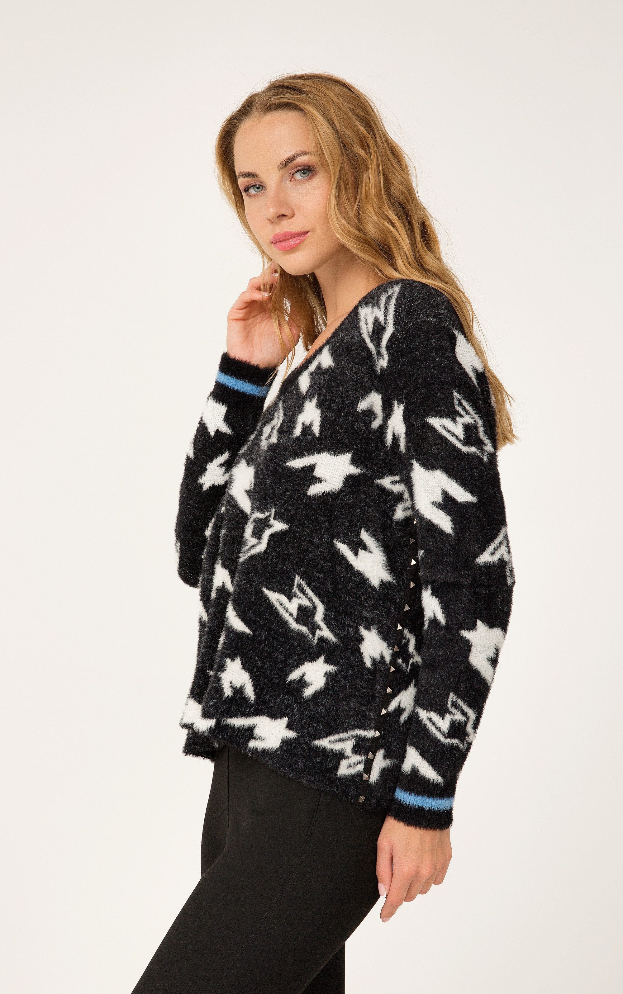 Passioni Strickpullover mit V-Ausschnitt und Hahnentrittmuster günstig online kaufen