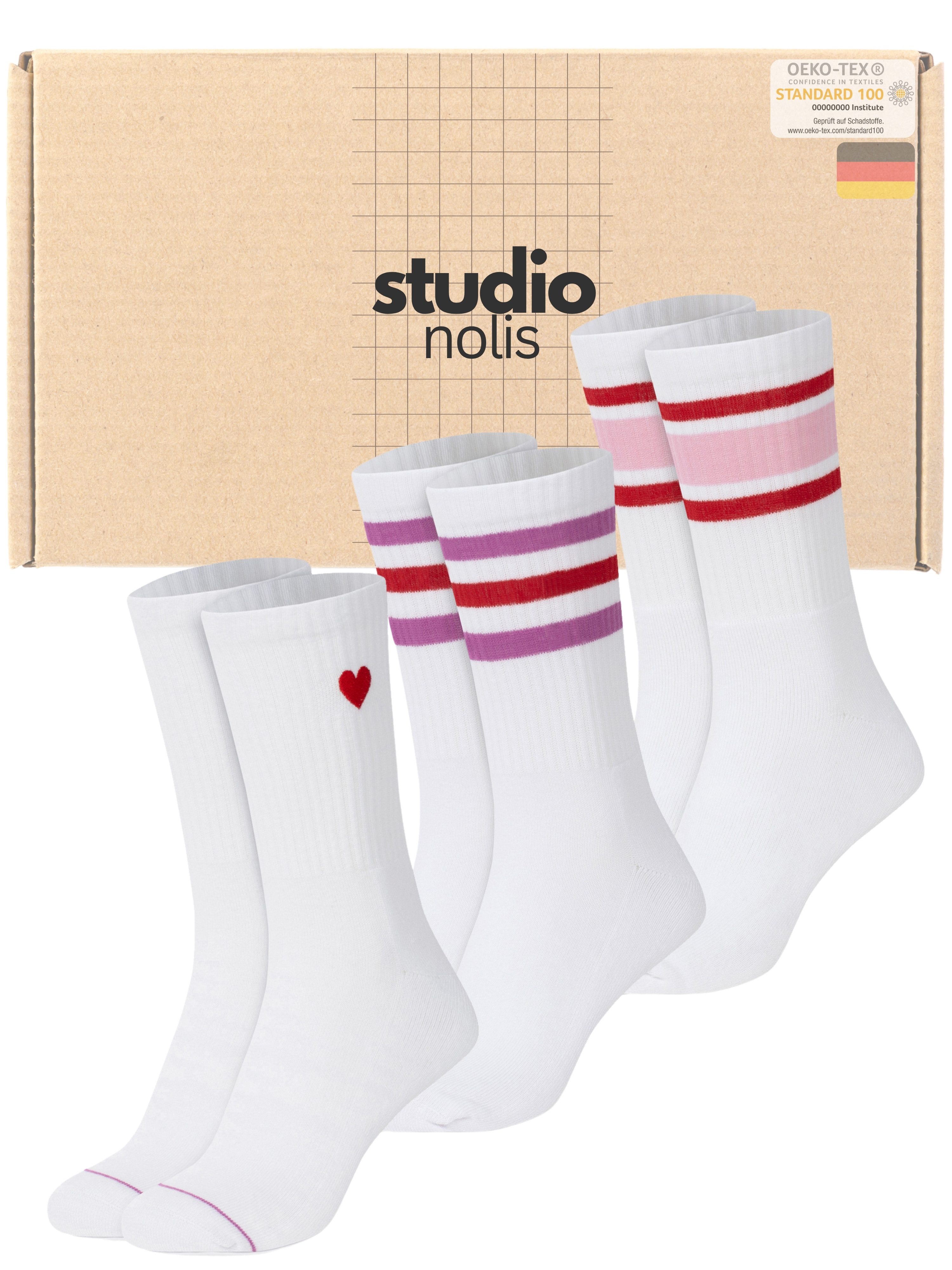 Studio Nolis Tennissocken Herz Damen - Herzchen Socken Baumwolle Crew Socks Stickerei (3er Set)