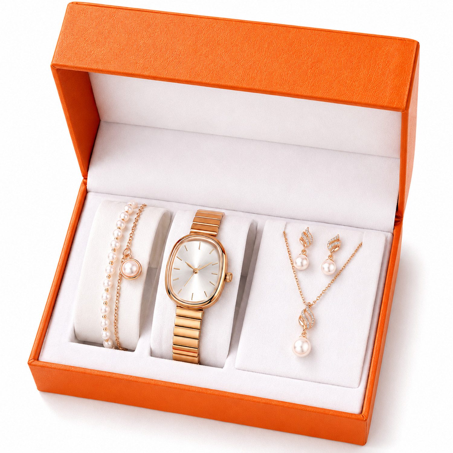 Fyrove Quarzuhr für Damen, Geschenk für Frauen,Damen Uhr Schmuckset in Geschenkbox, (Quarzuhr Roségold mit Armband, Halskette & Damen Ohrringen, Weihnachtsgeschenk & Geburtstagsgeschenk für Damen, Kostenloser Uhrenöffner)