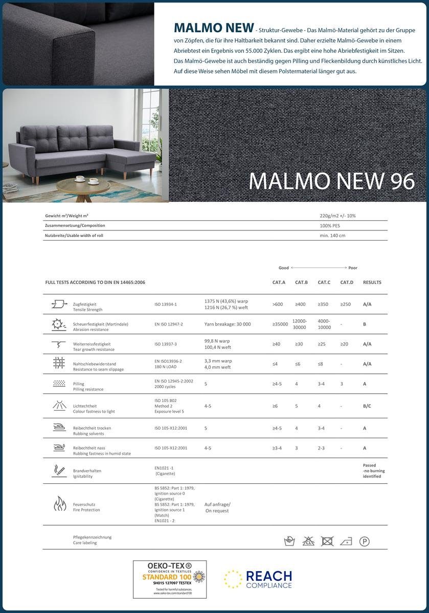 new mane Schlaffunktion, mit Anthrazit mit Ecksofa ONLY, Beautysofa (malmo Polsterecke Sofa universelle 96) Couch