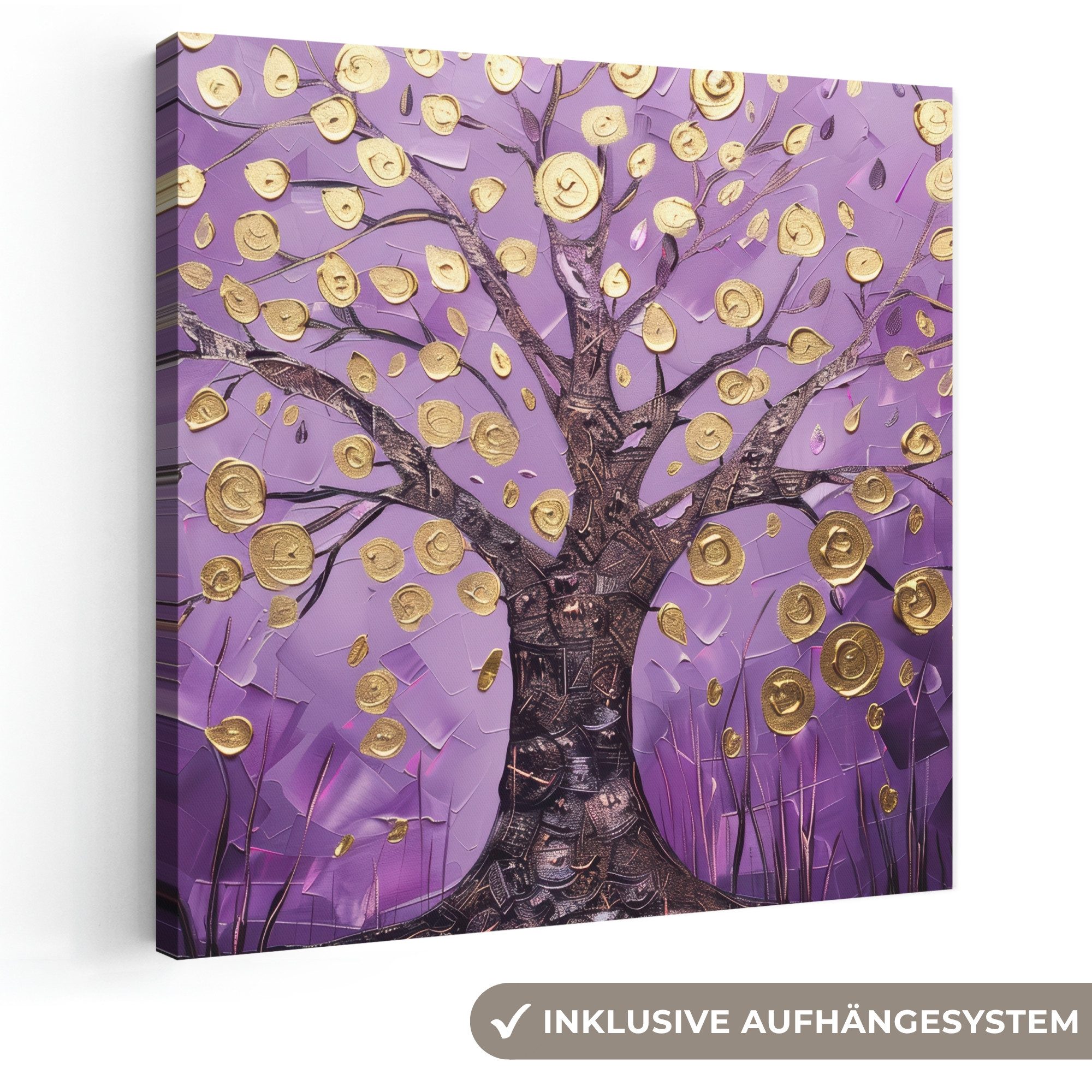 OneMillionCanvasses® Leinwandbild Baum des Lebens - Lila - Gold - Modern, Fotodruck (1 St), Wandbild, Deko Schlafzimmer Wohnzimmer Flur 20x20 cm