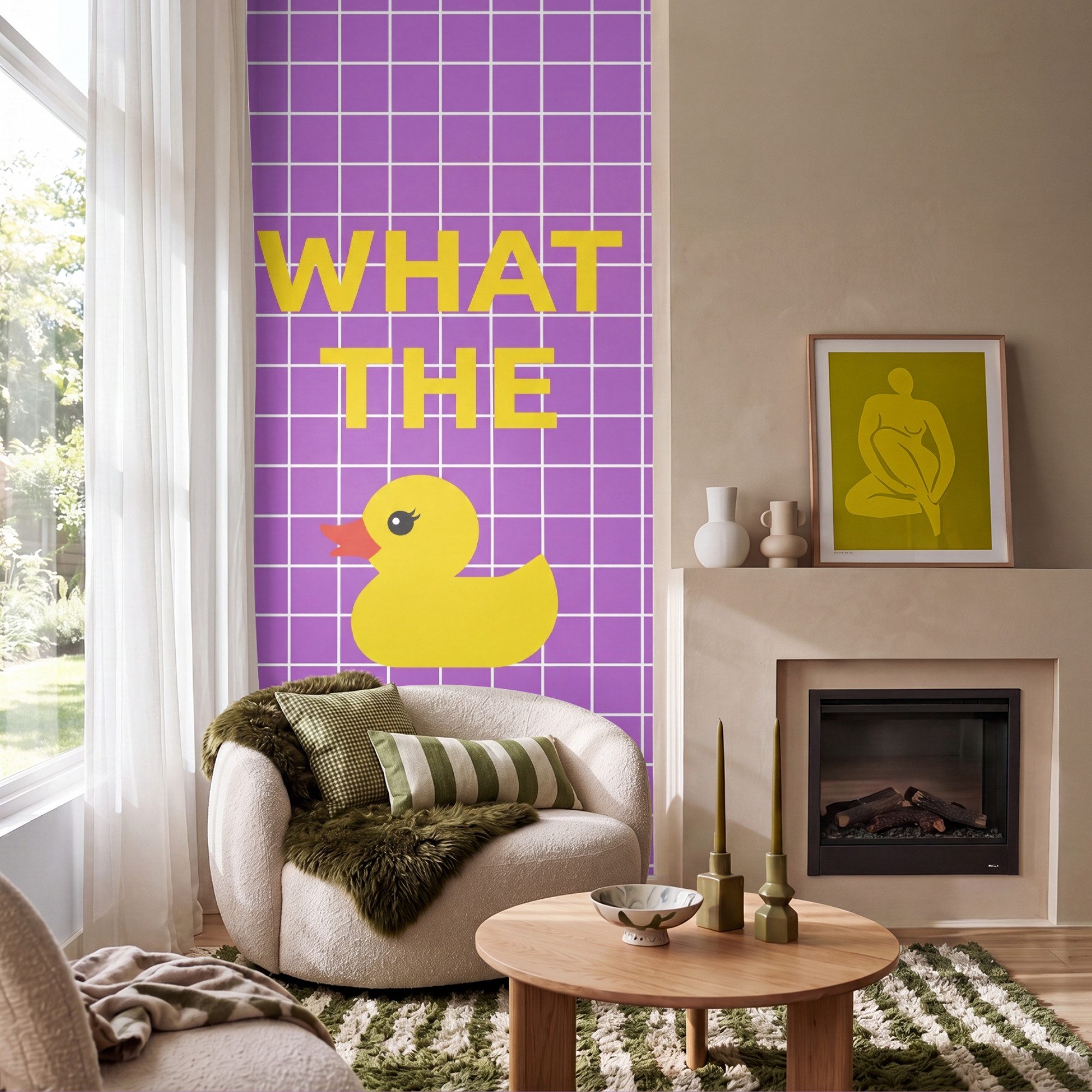 OnlyWow Fototapete Text - Ente - Lila, Matt, bedruckt, Wandtapete, Schlafzimmer, Wanddekoration 100x220cm