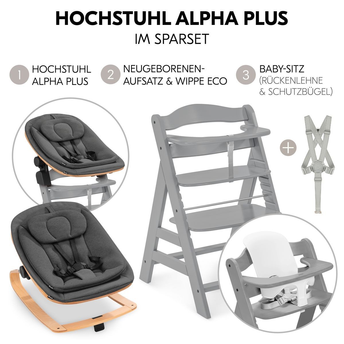 Hauck Hochstuhl Alpha Plus Newborn Set - Eco - Grey, Holz Babyhochstuhl ab Geburt inkl. Neugeborenenaufsatz & Baby Seat