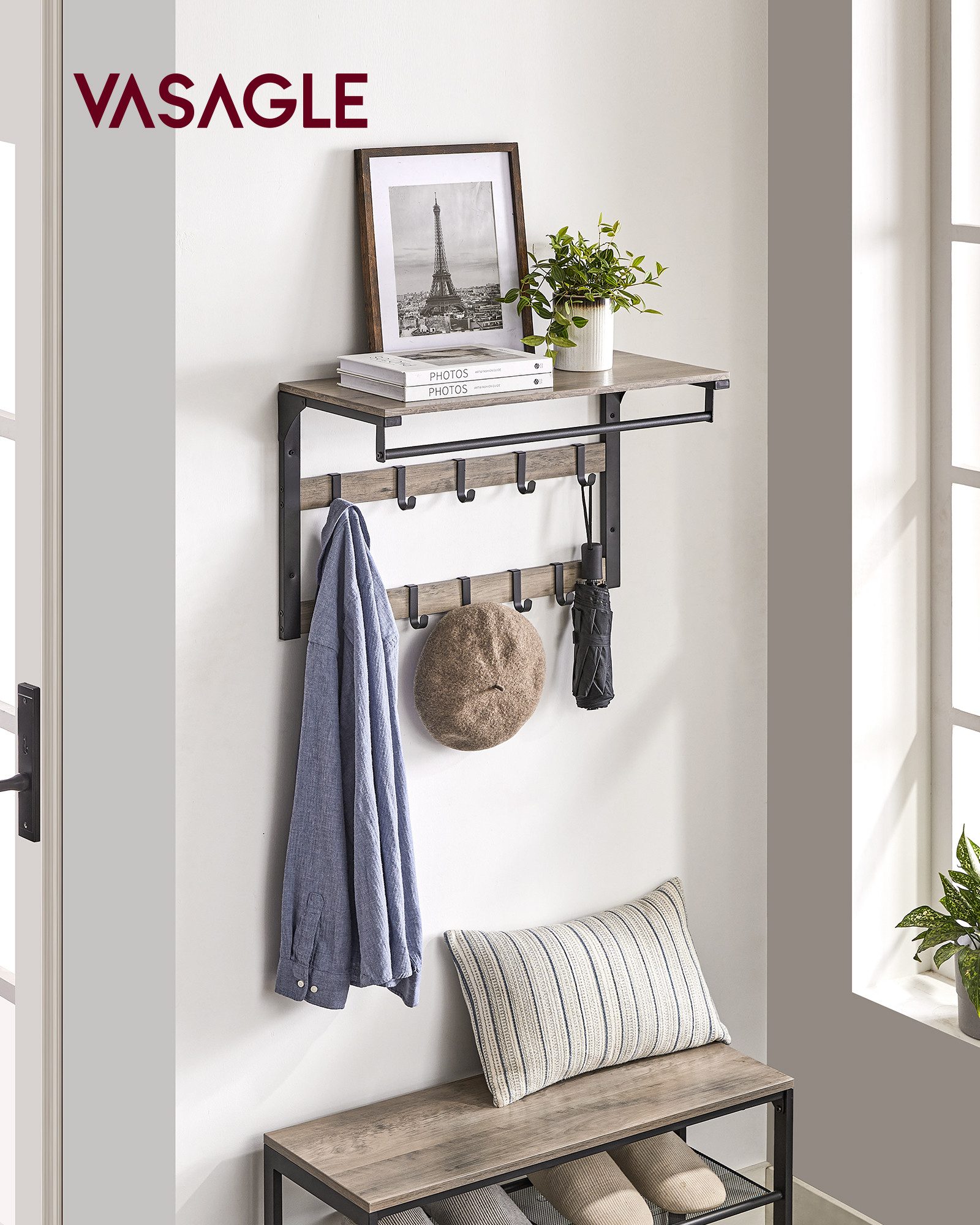VASAGLE Wandgarderobe, Wandregal, mit Haken, 65 günstig online kaufen