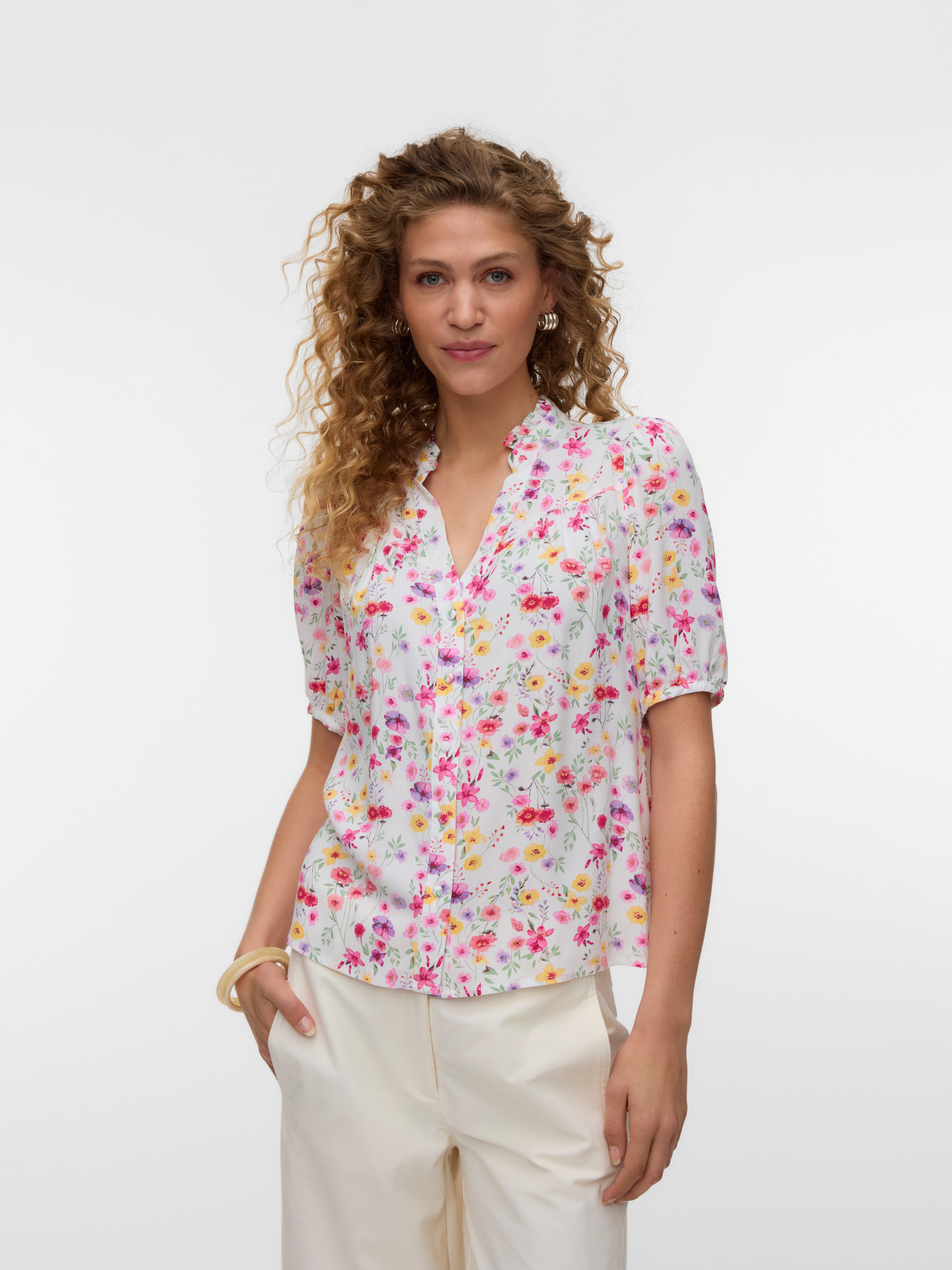 Vero Moda Kurzarmbluse VMEASY JOY 2/4 V-NECK FRILL TOP WVN Viskose, normal geschnitten