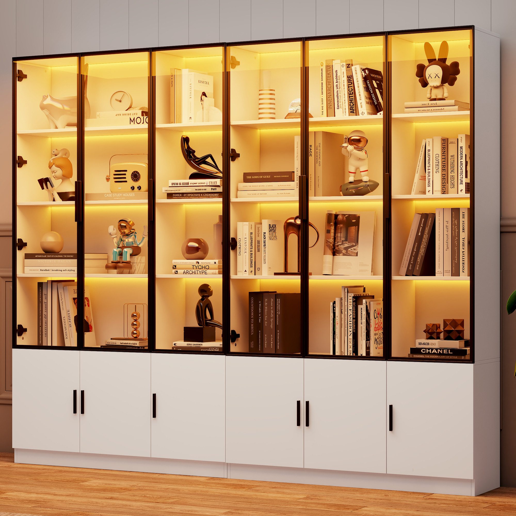 OKWISH Vitrine Regal 240x200x32 cm mit 12 Glastüren & LED-Beleuchtung – MDF Weiß (Packung, 2-St., Stauraum mit integrierter Kippsicherung) Schlanke 200cm Vitrine, Elegante Präsentation für Sammlerstücke