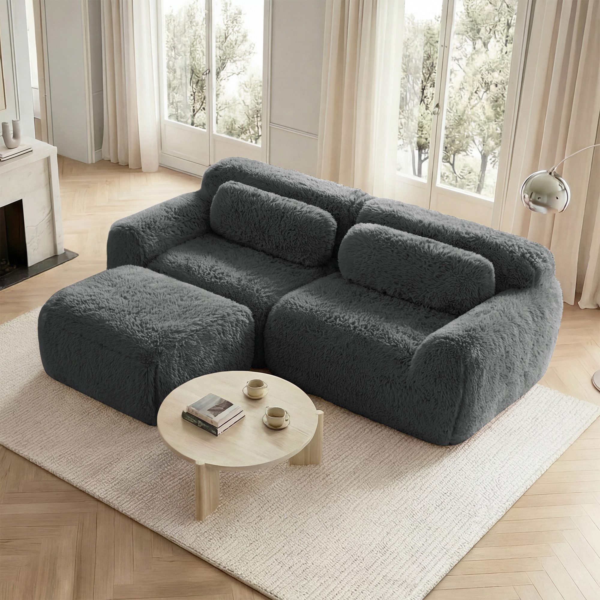Loungesofa mit Plüschstoff,Zweisitzer Polstermöbel mit 1 Hocker,ohne Montage,Grau