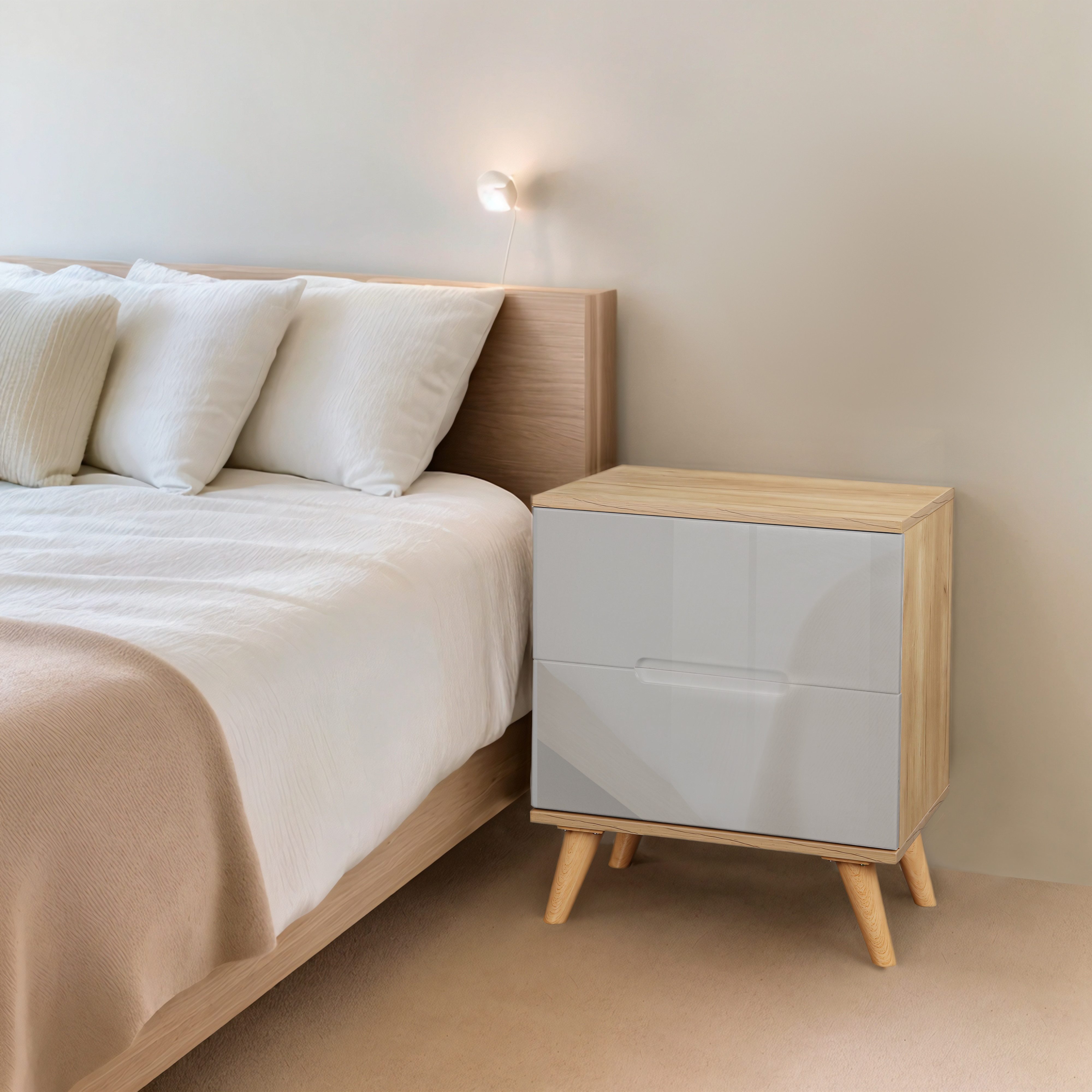 OTTO home Nachtschrank Lund Nachttisch Beistellschrank Kommode mit Hochglanzfronten Nachtkommode mit 2 Schubladen Bestseller im skandinavischem Design